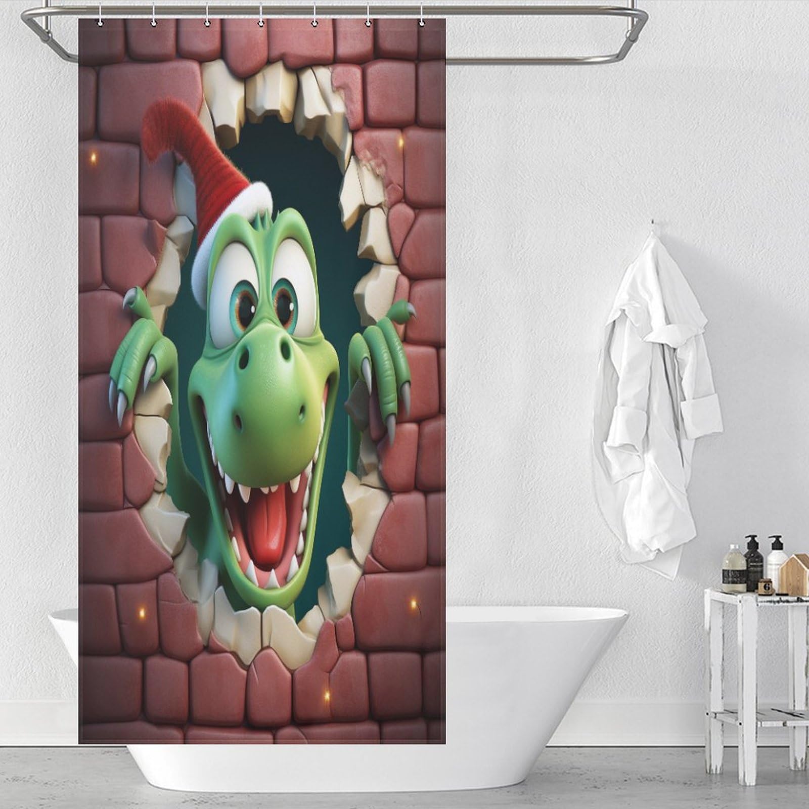 Rideau de douche dinosaure mignon en tissu lavable 92x183 cm avec crochets