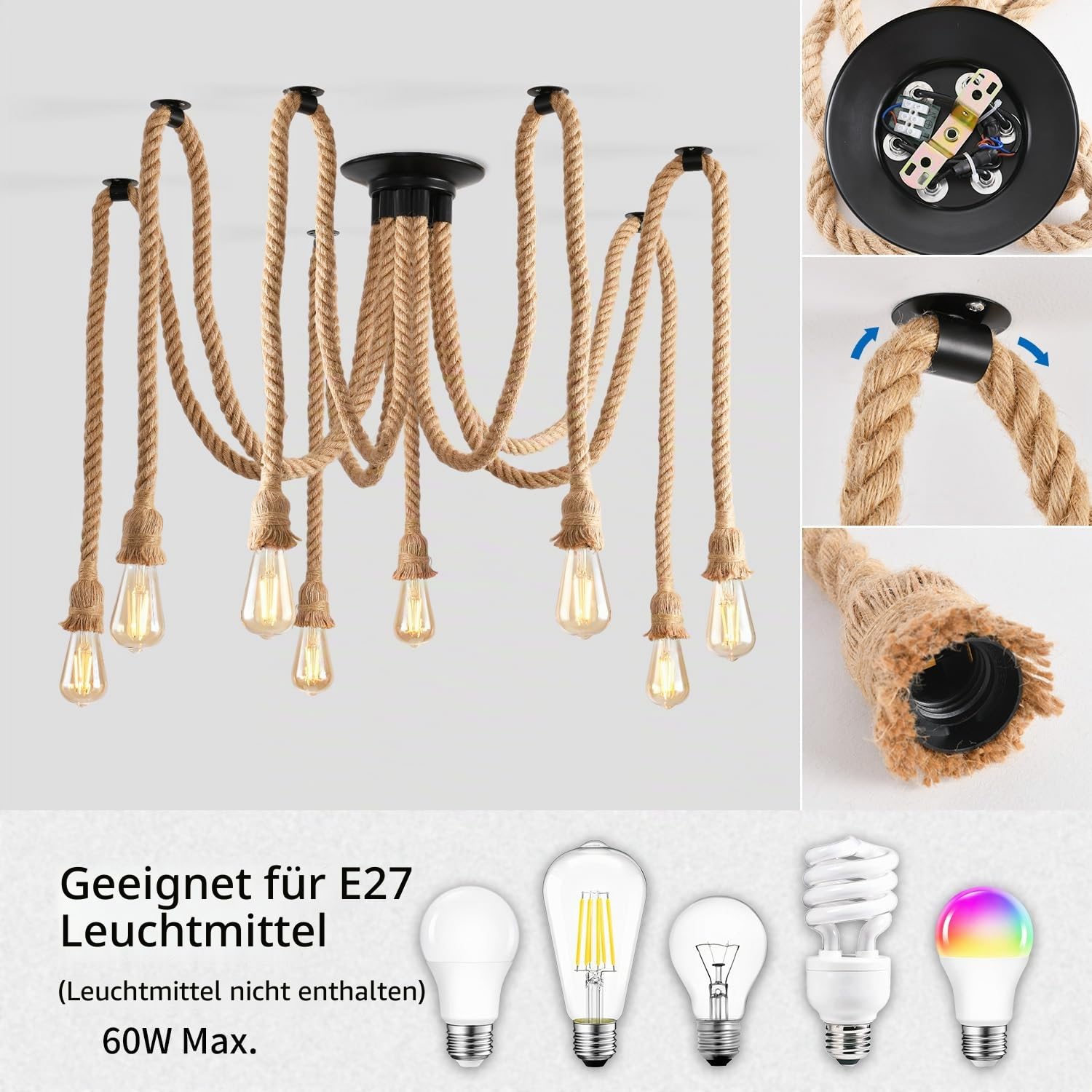 ANWIO Hanfseil Deckenlampe Pendelleuchte 8 Flammig, Spinne Kronleuchter, Hanfseil DIY Deckenleuchte Küche, Retro Hängelampe, Seil Pendellampe E27 für Speisesaal Schlafzimmer Wohnzimmer Esszimmer Hotel