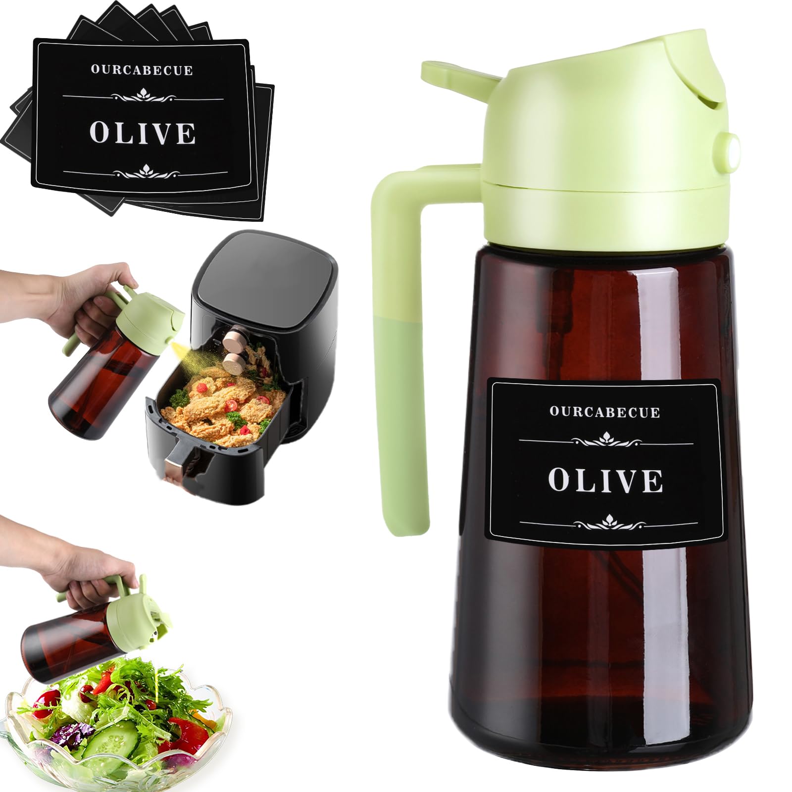 OURCABECUE Oil Sprayer for Cooking, Kitchen Maiden 2 in 1 Spray and Pour Olive Oil Dispenser 16oz 470ml Glass Oil Spray Bottle, Mist Olive Oil Dispensing, Air Fryer, Dark Brown (LightBlocking Green)