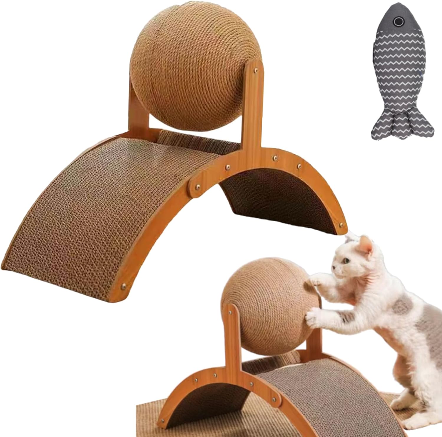 Cat Scratching Ball on Stand - Solid Wood Interactive Cat Scratcher, Sisal Rope Cat Scratcher Ball for Indoor Cat Kittens Interactive Pet Toys (M)
