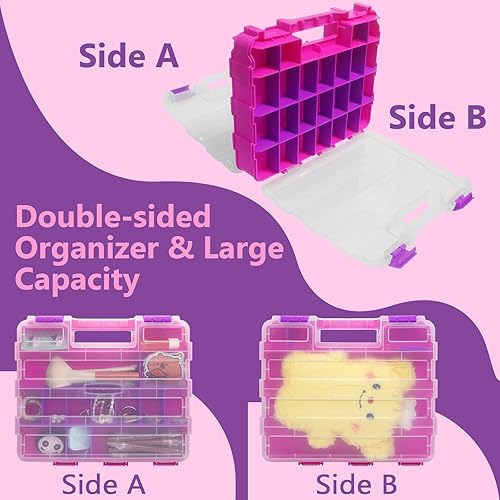 Miniatura 2 de Caja de herramientas rosa, caja de almacenamiento de piezas pequeñas de doble cara con separadores de plástico extraíbles para hardware, cuentas,