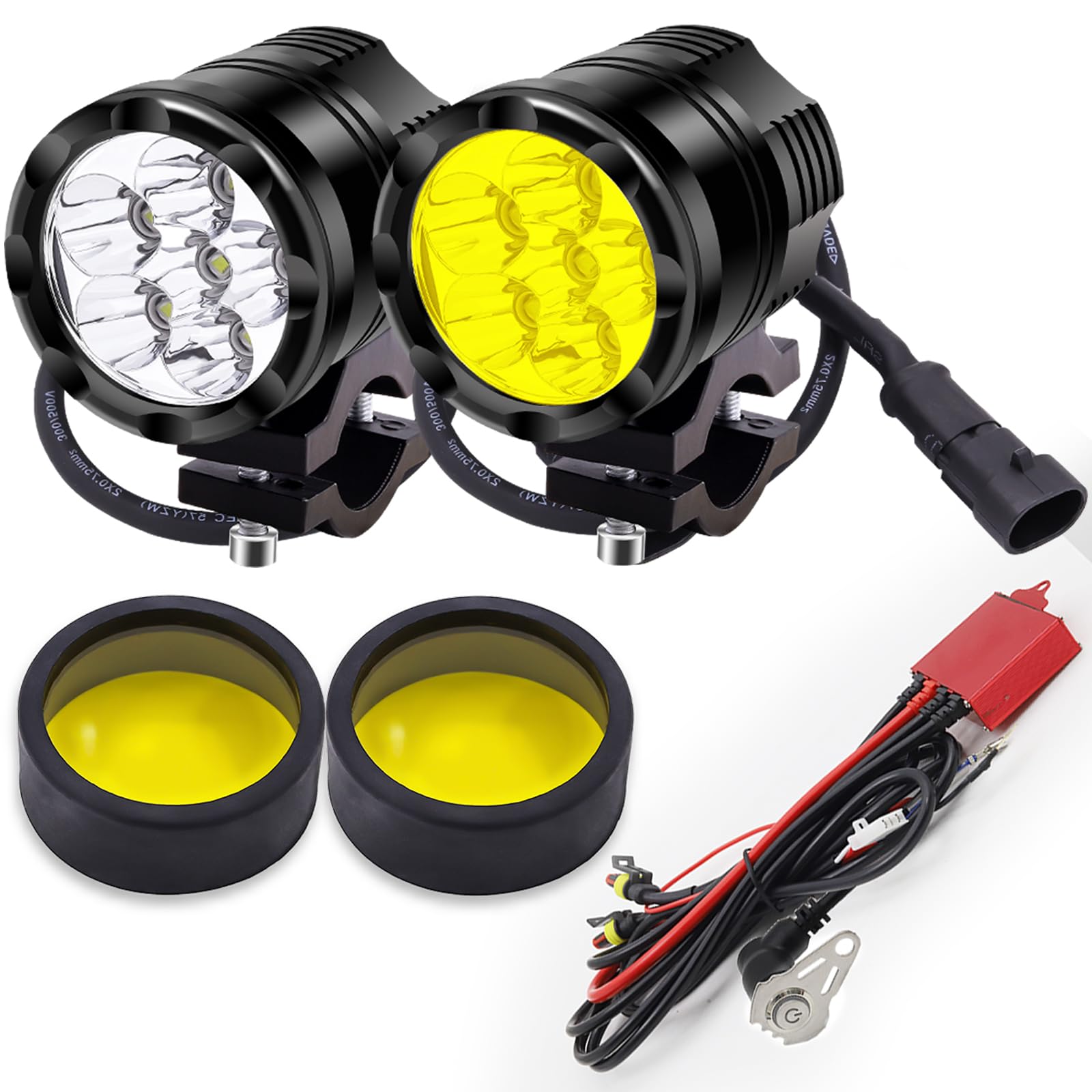 feux additionnels moto led, phare led moto, projecteur lampe kit jaune/blanc 12V/24V 60W + Interrupteurs + Housse de Protection + Harnais de Câblage pour, 2Pcs