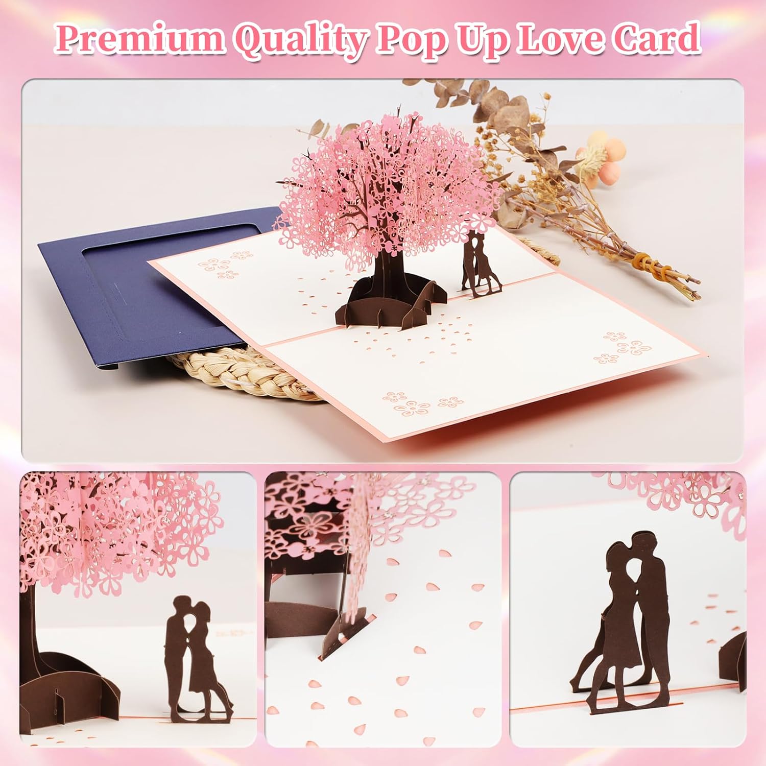 Pop Up Anniversary Card, 3D Cherry Blossom Love Tree Hearts Couple Wedding Card, Anniversary Greeting Cards for Romantic Love Gift to Her, Him, Husband, Wife, Mother’s Day - Image 3