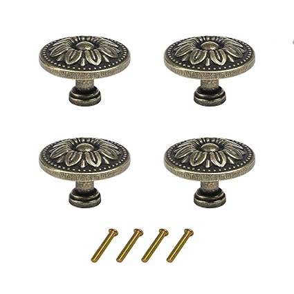 4pcs Antique Round Knobs Bronzed Finished 35mm Dia Single Hole with Screws for Dresser Drawers Kitchen Cabinet
