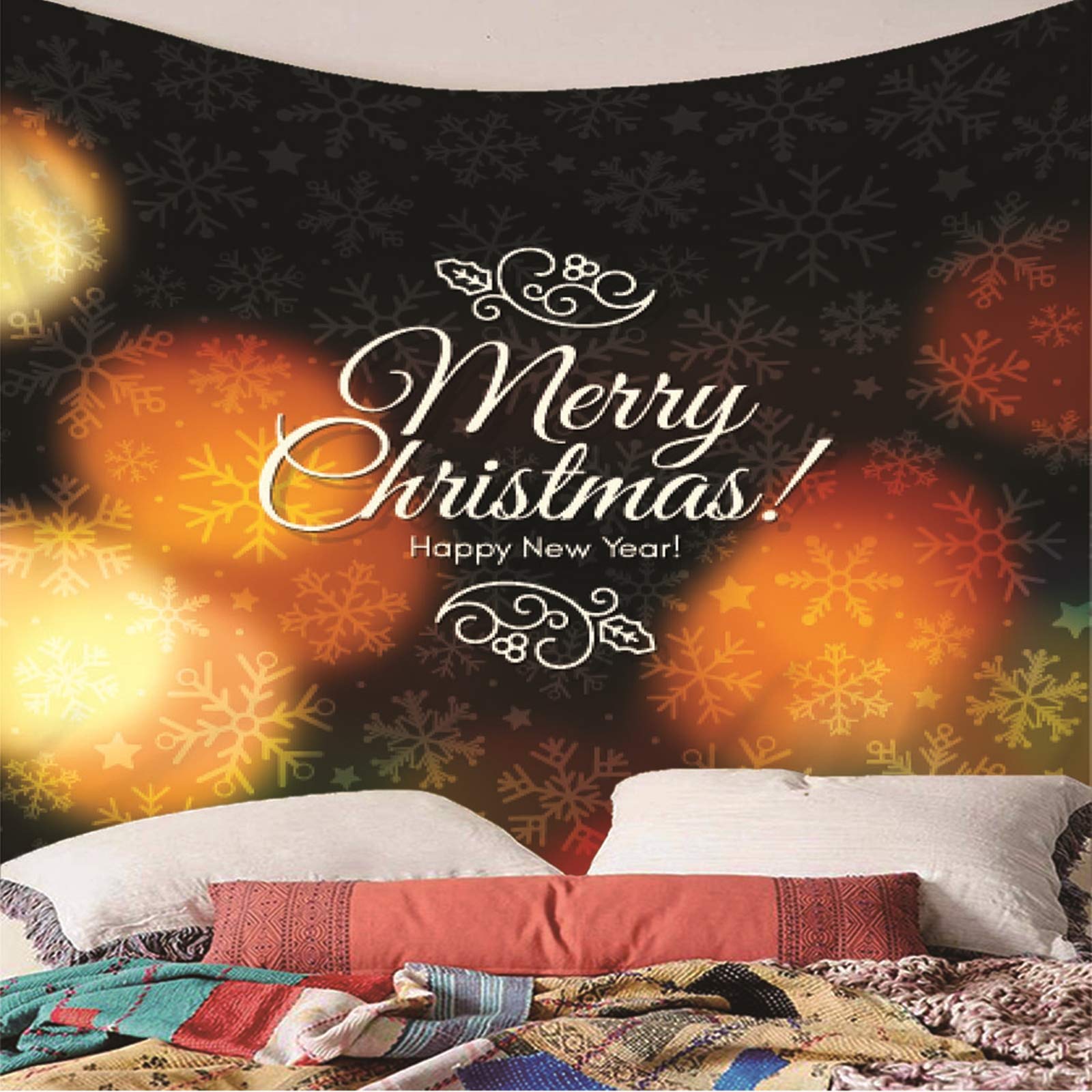 Tapiz Yoga Suelo, Decoracion de Navidad para Exterior Copos de Nieve Feliz Navidad Feliz Año Nuevo Amarillo Marron Poliéster Papel Tapiz Decorativos 260X240cm