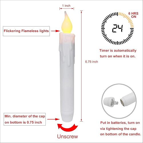 Miniatura 7 de CVHOMEDECO. Velas cónicas parpadeantes LED sin llama, funcionan con pilas, con temporizador, color blanco, 6-34 pulgadas, juego de 4