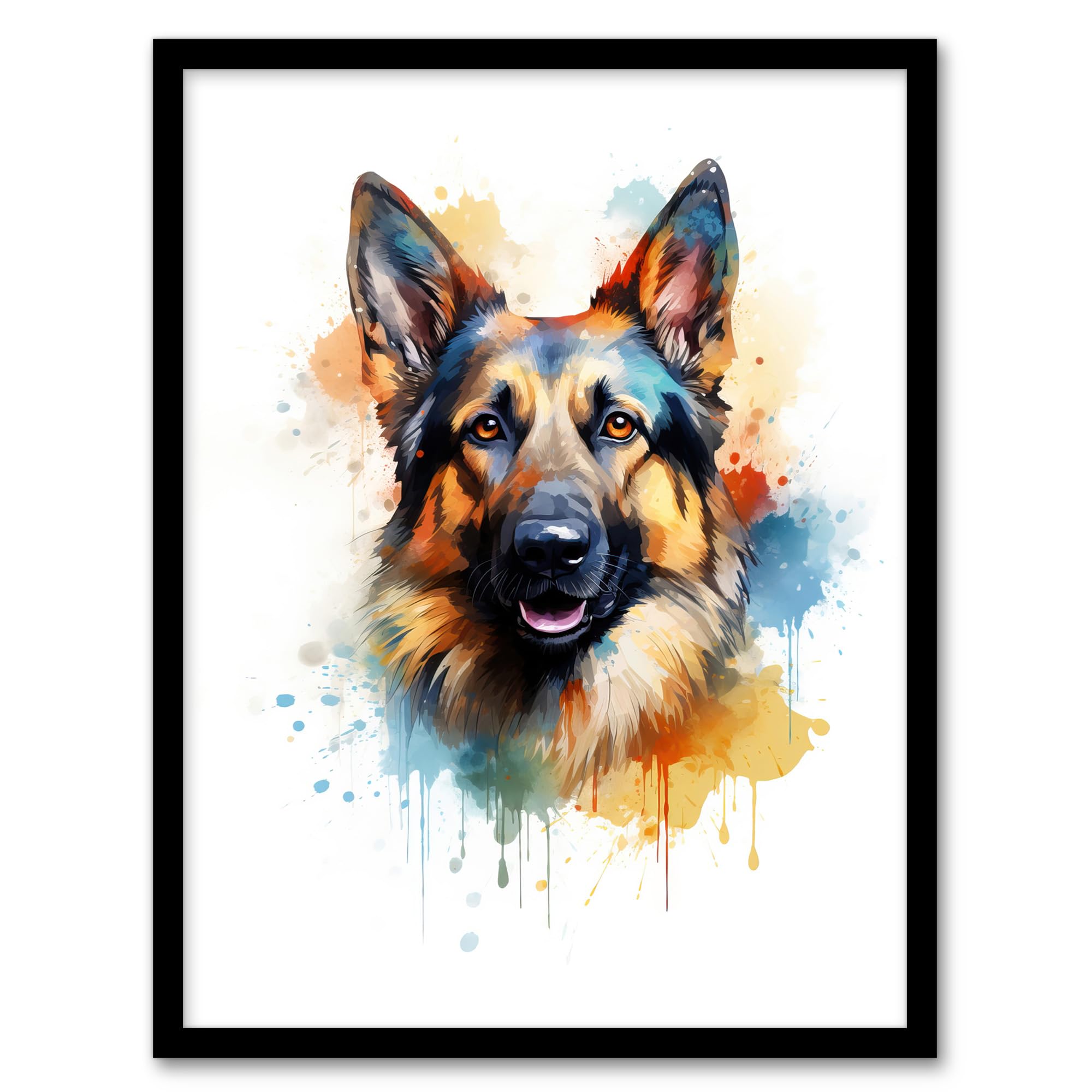 Artery8 German Shepherd Lovers Gift Watercolour Pet Portrait Painting Artwork Artwork Framed Wall Art Print 18X24 Inch