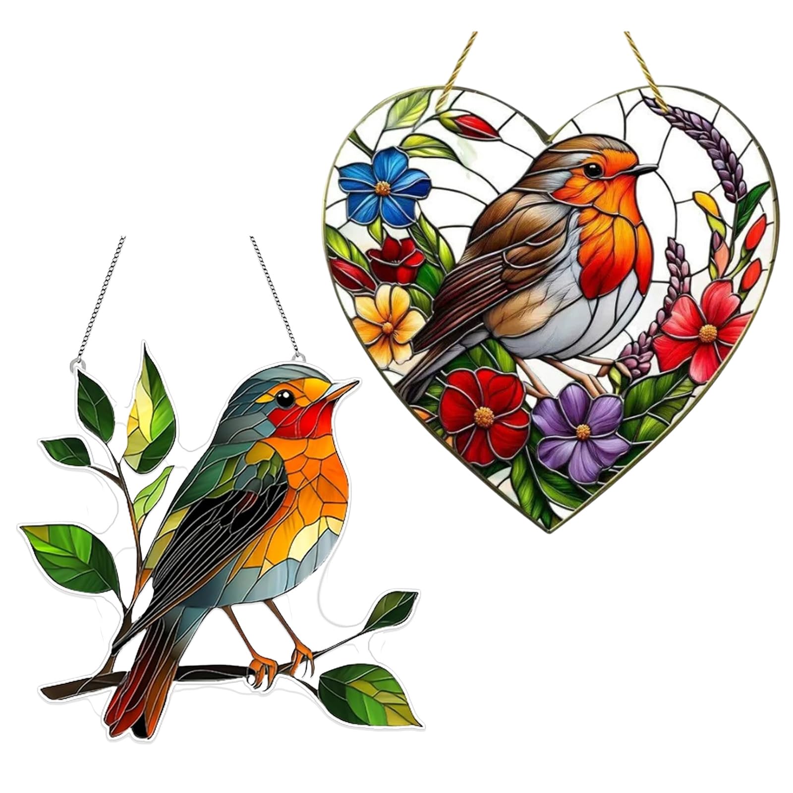 Hocklliy Multicolor 2 Pcs Sun Catchers For Windows, 20 × 20 Cm Robin Suncatcher Ornaments Stained Glass Style Window Hanging Decor For Room Aesthetic