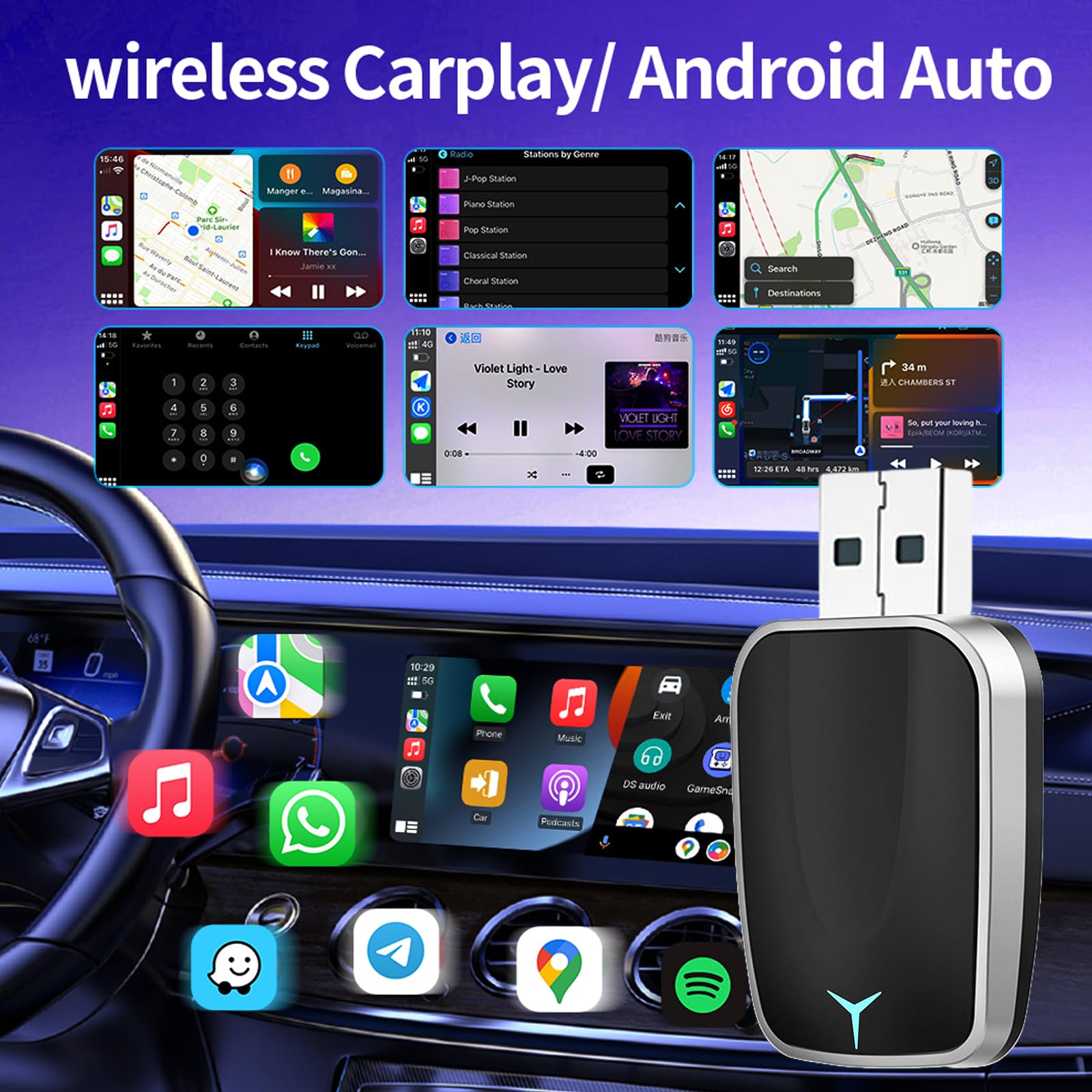 Adapter bezprzewodowy CarPlay 2 w 1 - USB-A/C Mini Android Auto dla iOS 12+ i samochodów z kablem CarPlay, Plug and Play