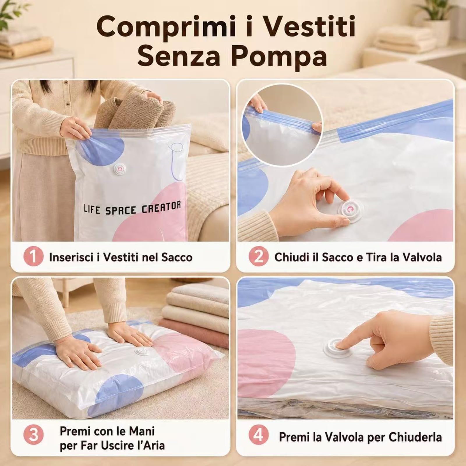 Sacchetti Sottovuoto senza Pompa 3D, Sacchetto per Sottovuoto Grande senza Pompa, Chiusura a Pressione, 3 Secondi Salva Spazio per Vestiti, Piumini