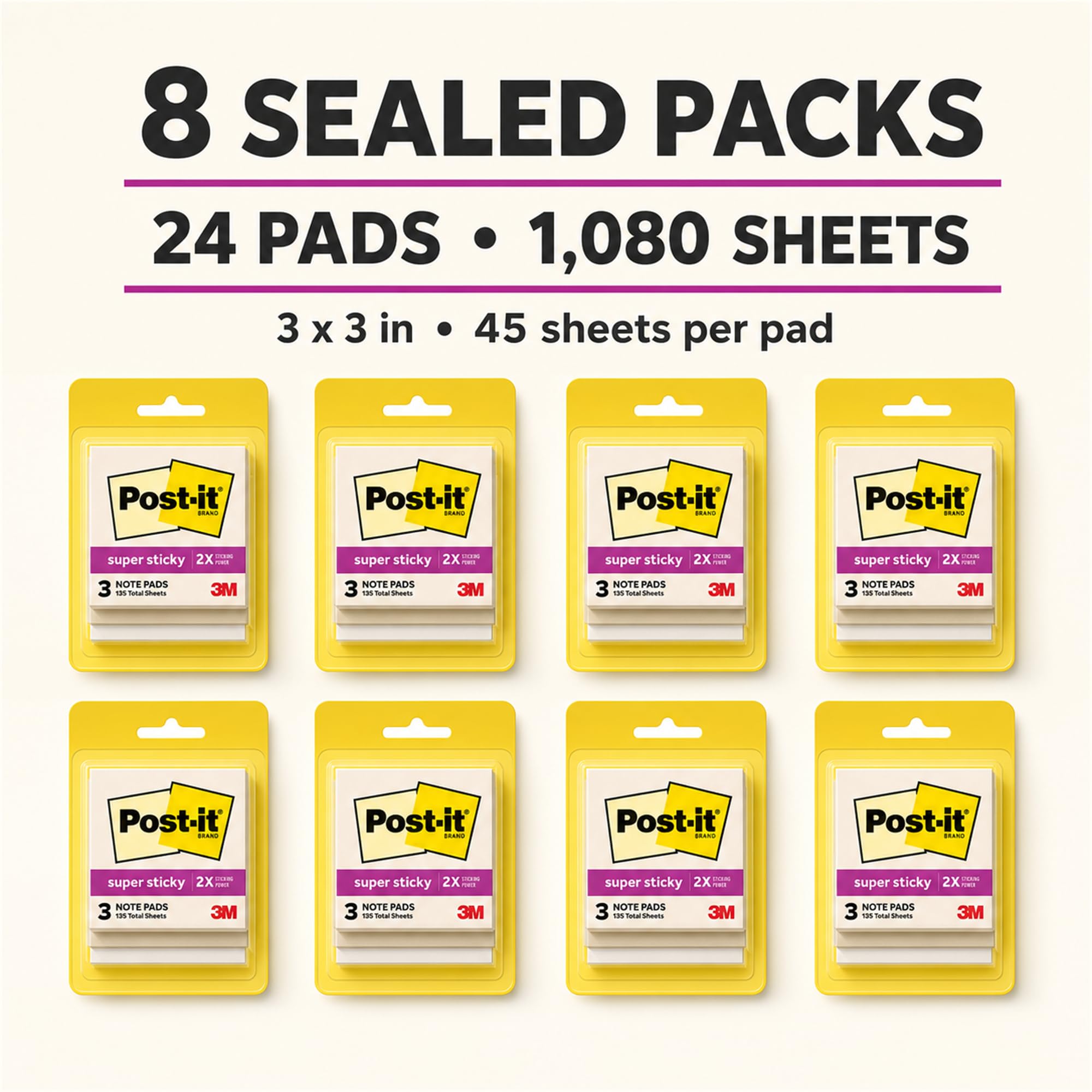 Post-it Notes super adhésives 7,6 x 7,6 cm, collection Neutralité, 8