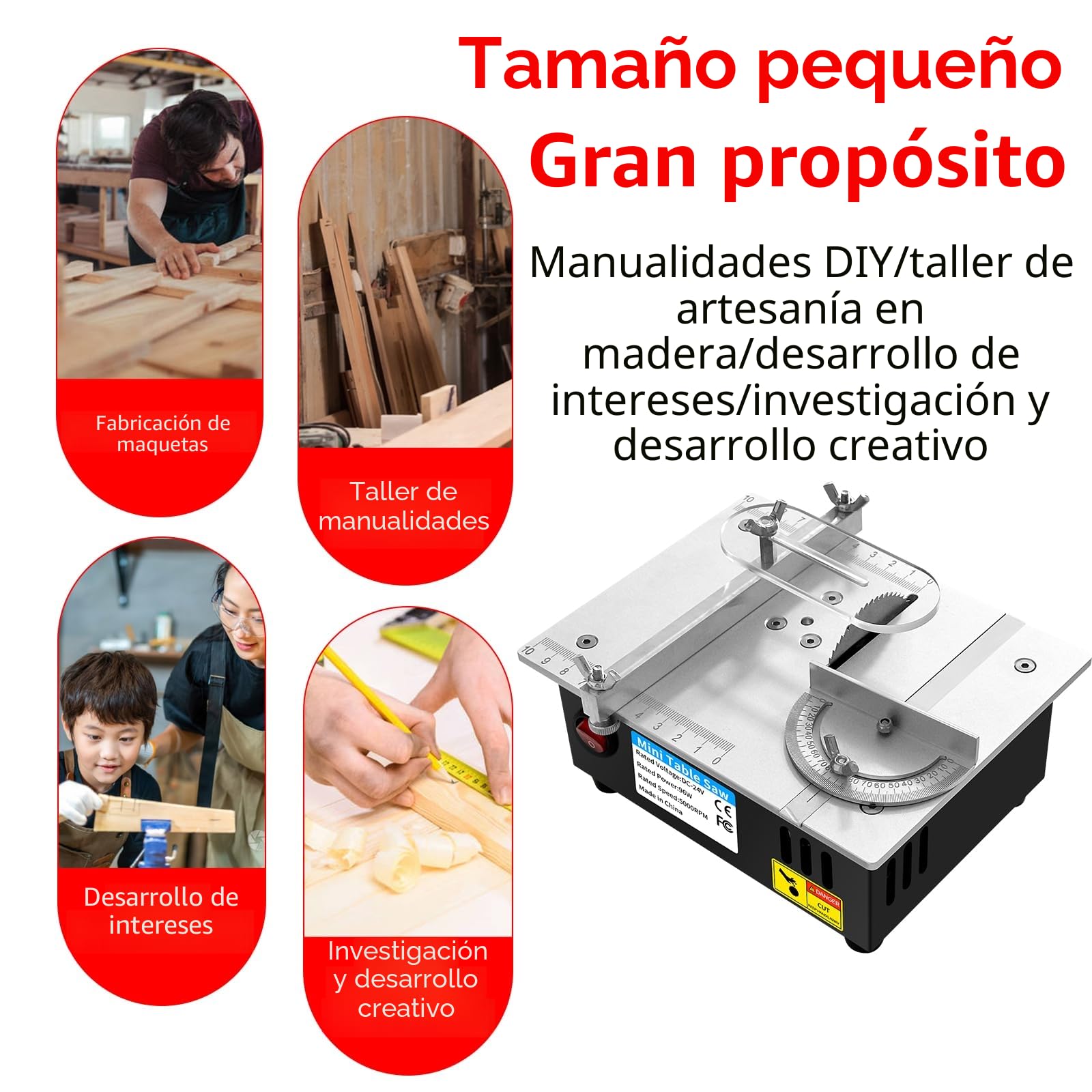Minisierra de mesa eléctrica, 5000 rpm, sierra de mesa con fuente de alimentación de 7 velocidades, sierra de cinta de mesa para madera/PCB/metal, bricolaje y modelismo (A)