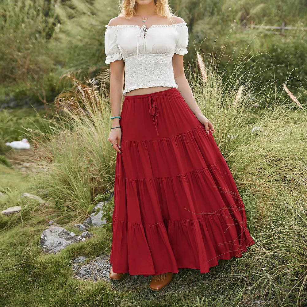 SCARLET DARKNESS Jupe longue bohème fluide pour femme avec taille élastique et cordon de serrage - Jupe trapèze à volants avec poches