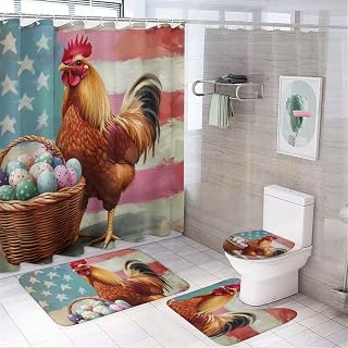 4Pcs Farmhouse Chicken Shower Curtain Sets, Bath Mat and Rugs, Novelty Egg Americana Flag Shower Curtain with Hooks for Bathroom