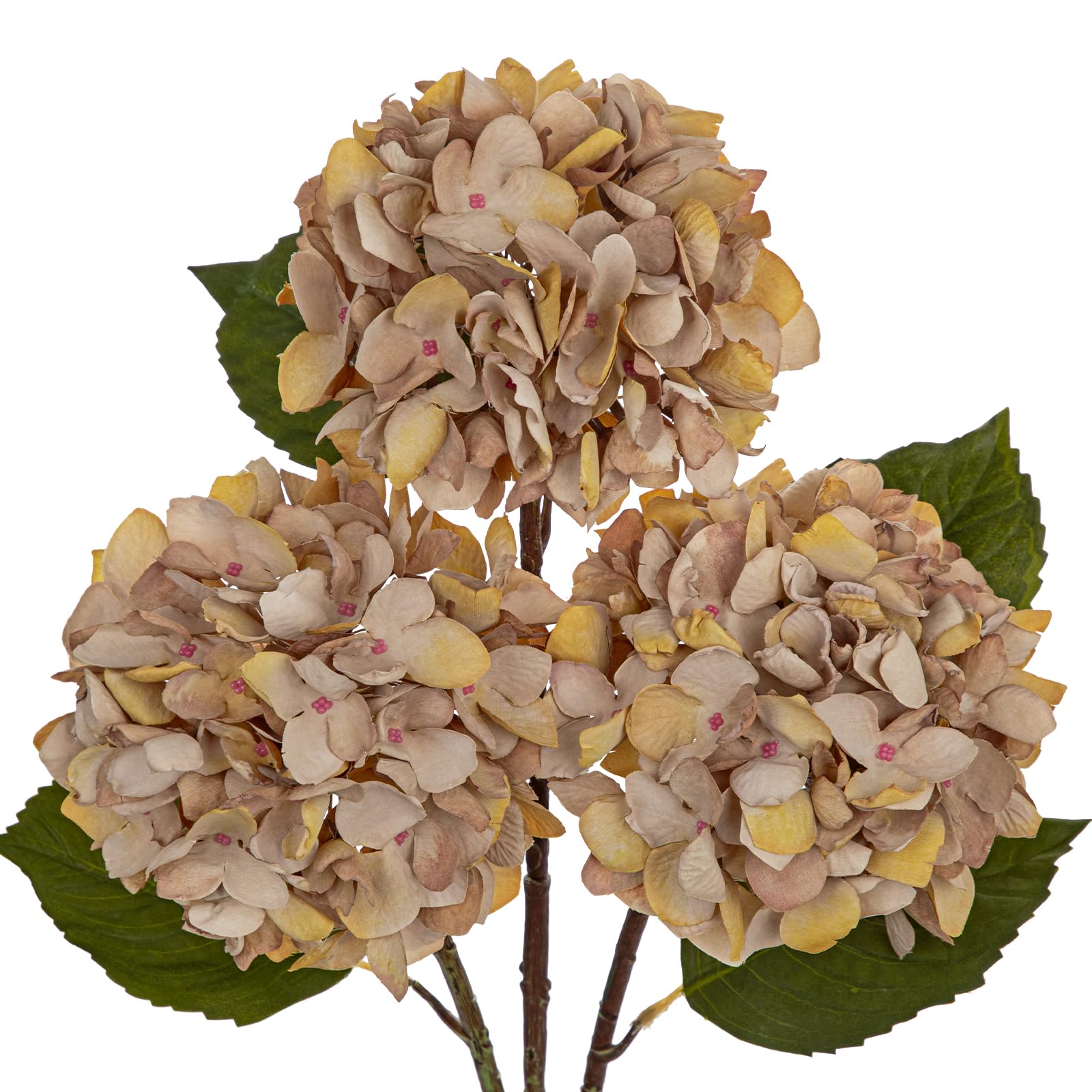 Hollyone Pack of 3 Hydrangea Artificial Flowers, Pure Coffee Brown Hydrangea Stems with Large 7'' Blooms, Long Stem Silk Flowers for Floral Arrangement, Tall Vase, Home Decor, Wedding Decorations