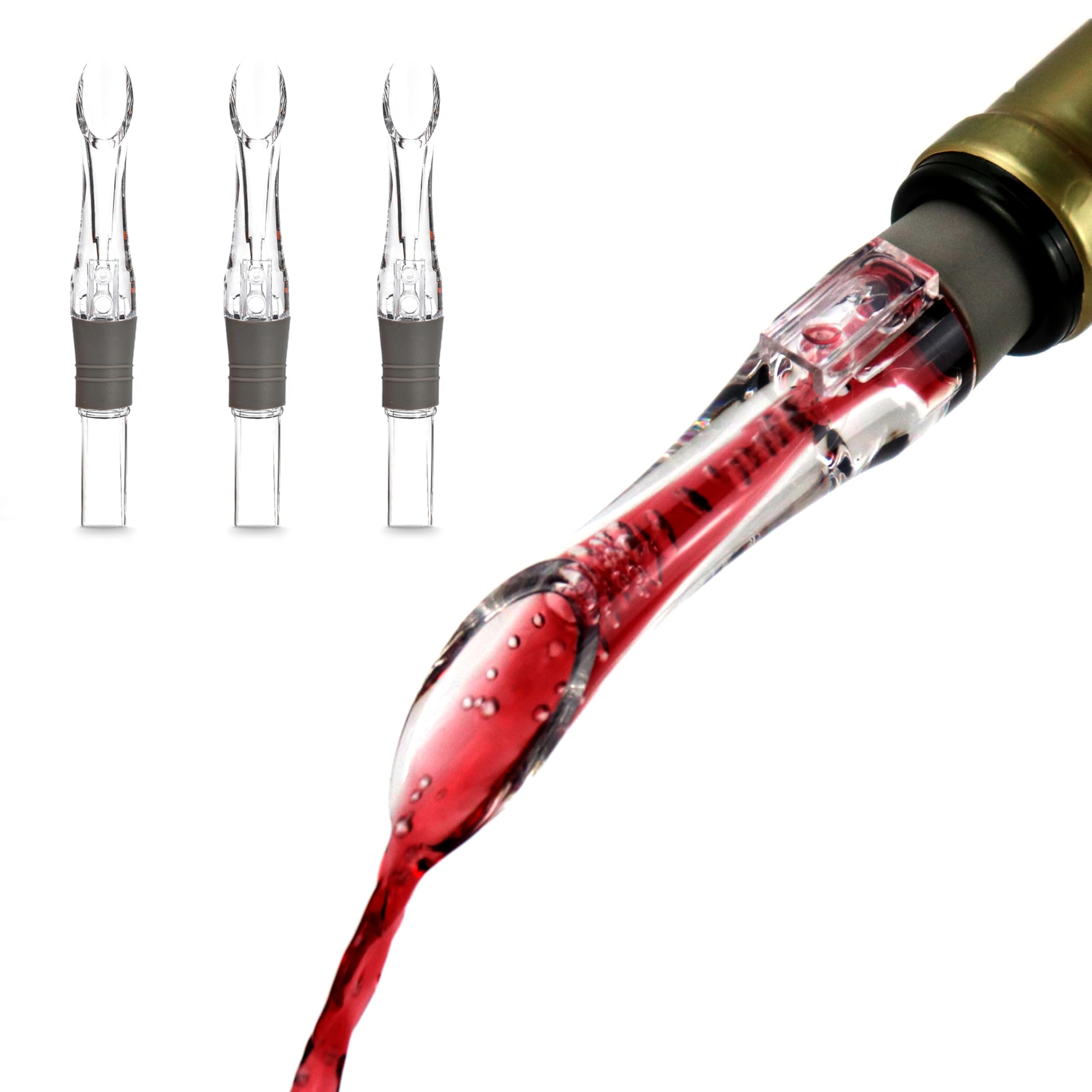 Wine Aerator Pourer Spout Set - 3-Pack Dripless Liquor Pour Spout for Wine Bottles - Instant, In-Bottle Wine Dispenser Decanter - Wine Gift and Accessories for Drinking, Gray