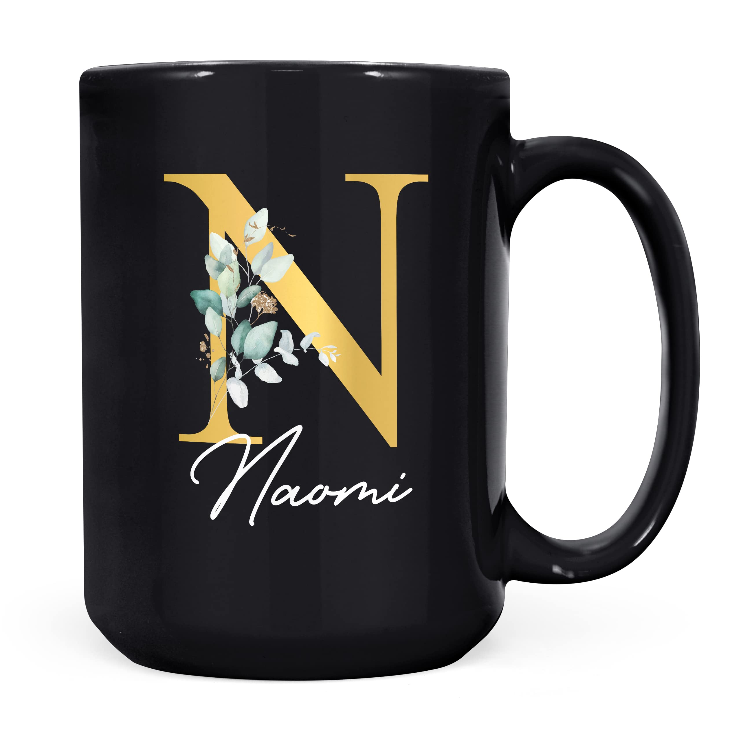 Personalised Letter N Floral Mug Initial with Name, Customised Gift, Gold Effect Printed Letter, NOT Metallic - Ceramic Coffee Cup for Men or Women, Extra Large and Giant Mug, 15oz Black Cup