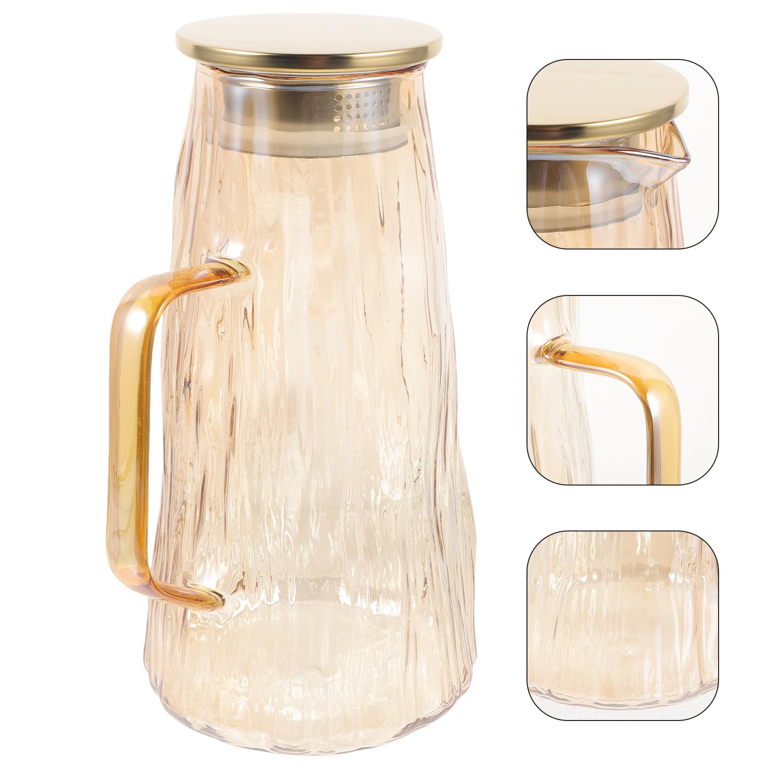 Beavorty Jarra Dorada Tapa Resistente de Vidrio para Infusiones de Frutas y Agua Fría o Caliente, Diseñada para Uso en Casa y Eventos Sociales