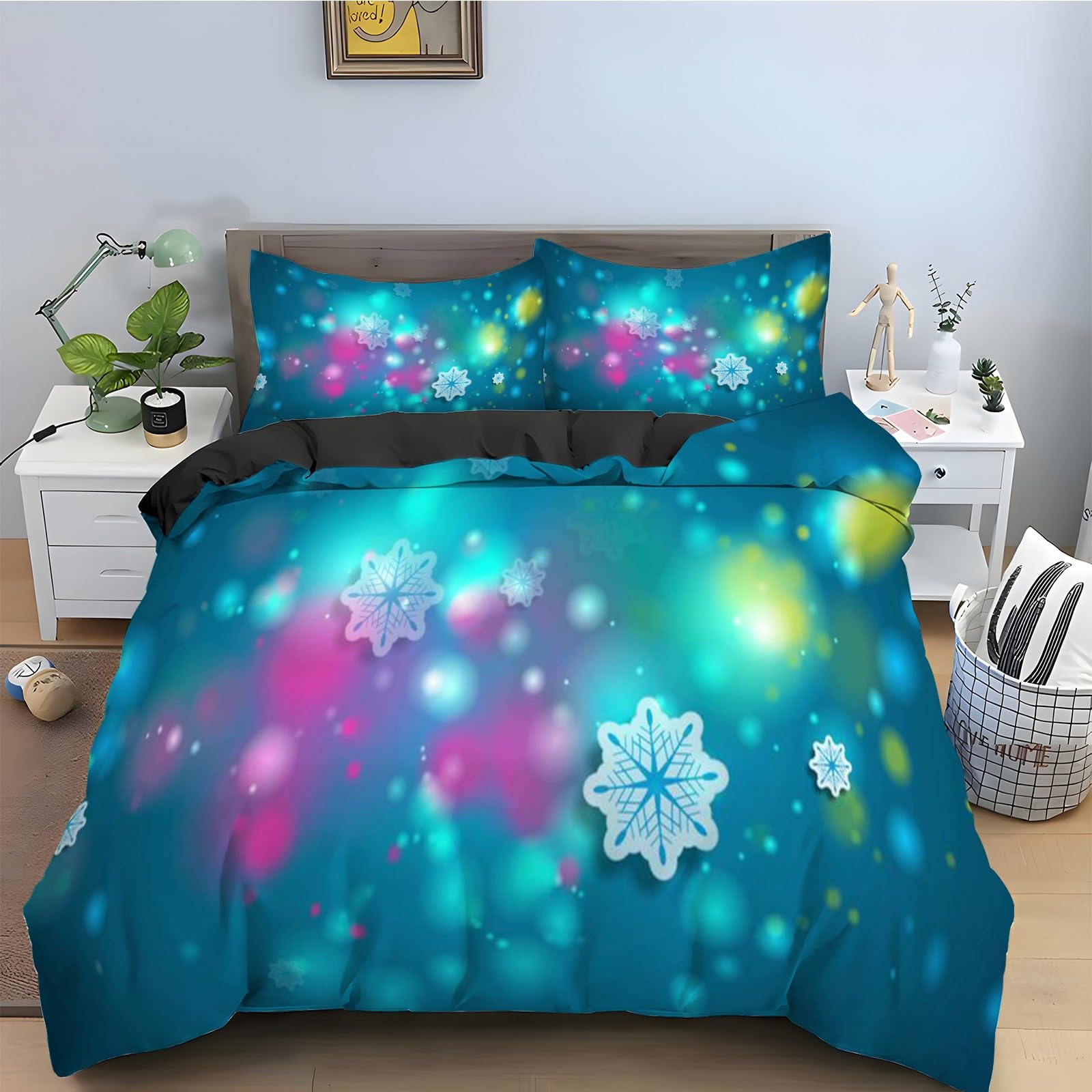 Housse de couette flocon de neige 200x200 bleue en microfibre sans repassage avec zip durable