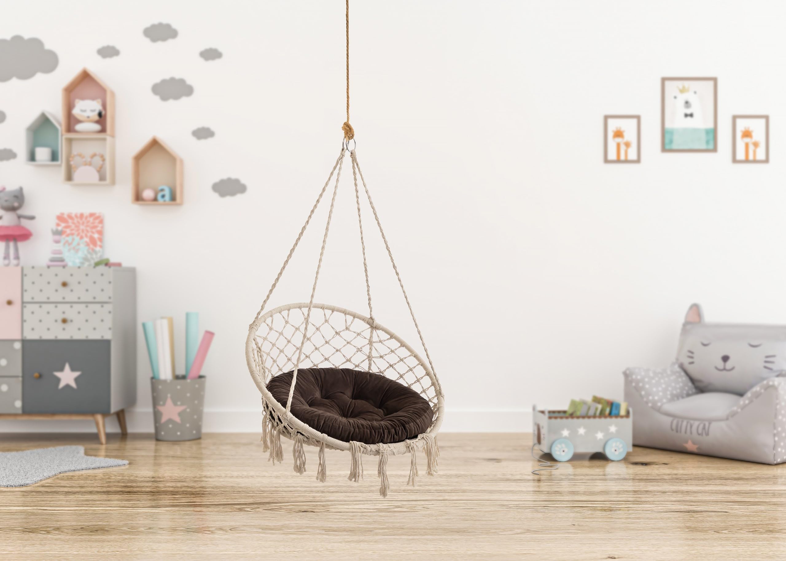 Hängesessel Kissen, Hängekorb Sessel, Indoor/Outdoor, Auflage, Rund, Swing, Schaukelkissen, Sitzkissen für Stuhl, Velvet, Waschbar, Braun, 65 x 65 cm