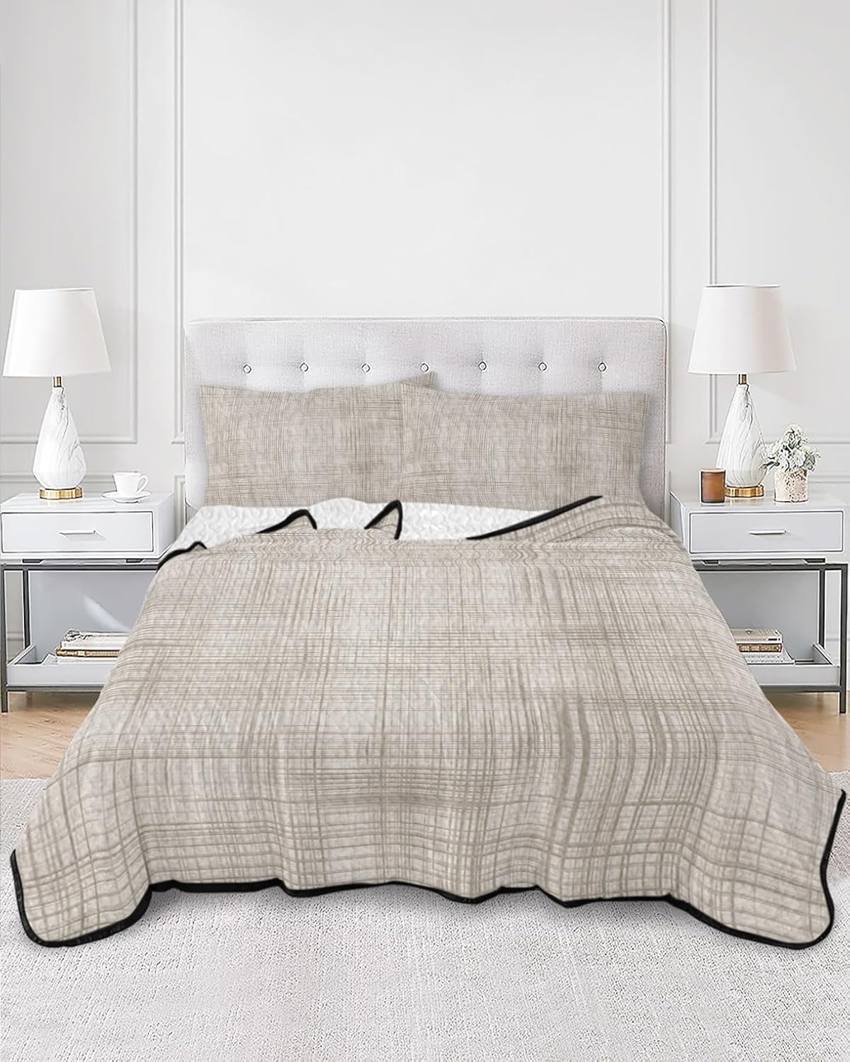 King Size Quilt Set, Farm Rustic Burlap Linen Texture Lightweight Bedspread Coverlet Set Soft Microfiber Summer Quilt with 2 Pillow Shams, Vintage Lattice Lines Stripe 3 Piece Comforter Bedding Set