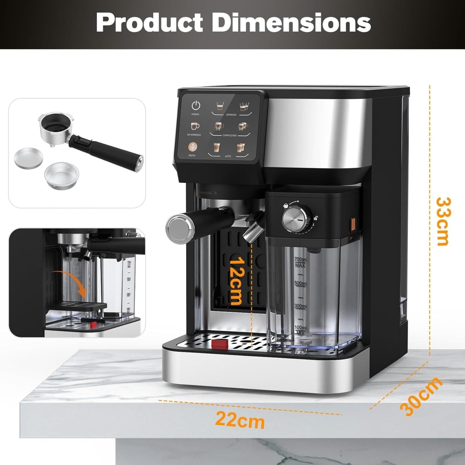 Macchina da caffè espresso, doppia caldaia, pompa da 20 bar, caffettiera One Touch, macchina per cappuccino, latte ed espresso, con montalatte, serbatoio dell'acqua da 2 litri, contenitore per latte