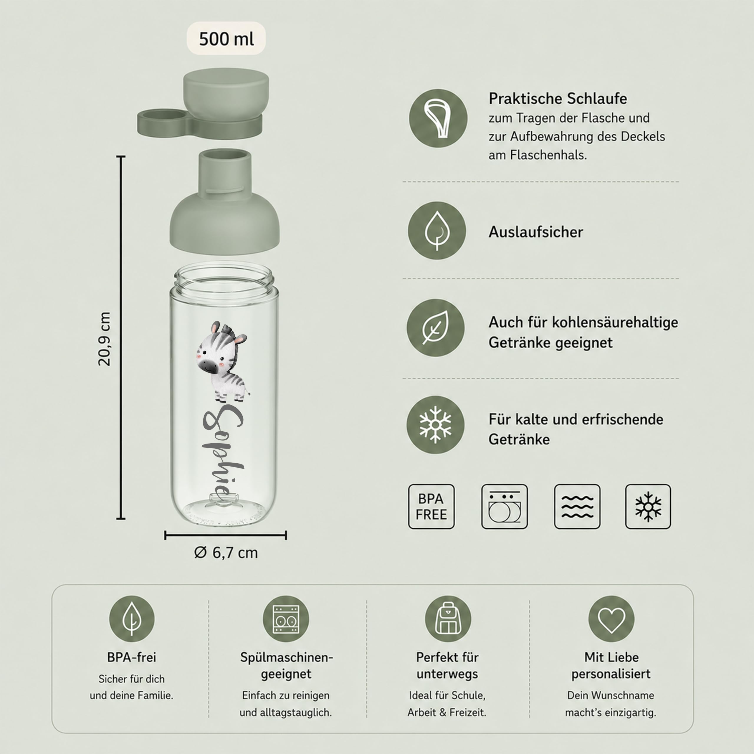 Mepal Personalisierte Brotdose Trinkflasche | Süßes Zebra mit Wunschname