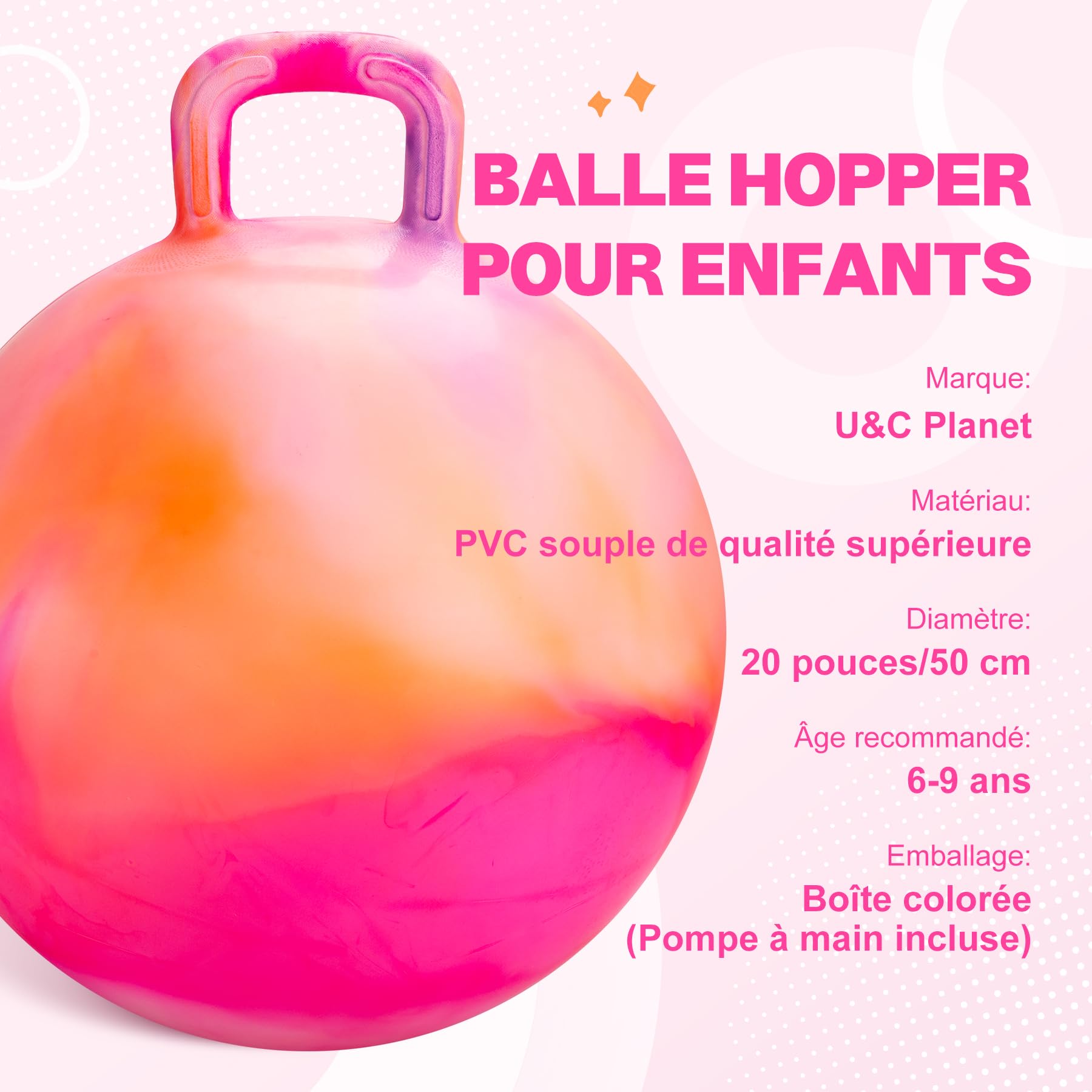 U&C Planet Ballon Sauteur 50 cm Hopperball pour Enfants de 6 à 9 Ans Bouncy Ball en PVC Robuste avec Pompe à Air Bouncy Hopper pour Sauter et Jouer à l'Intérieur ou à l'Extérieur