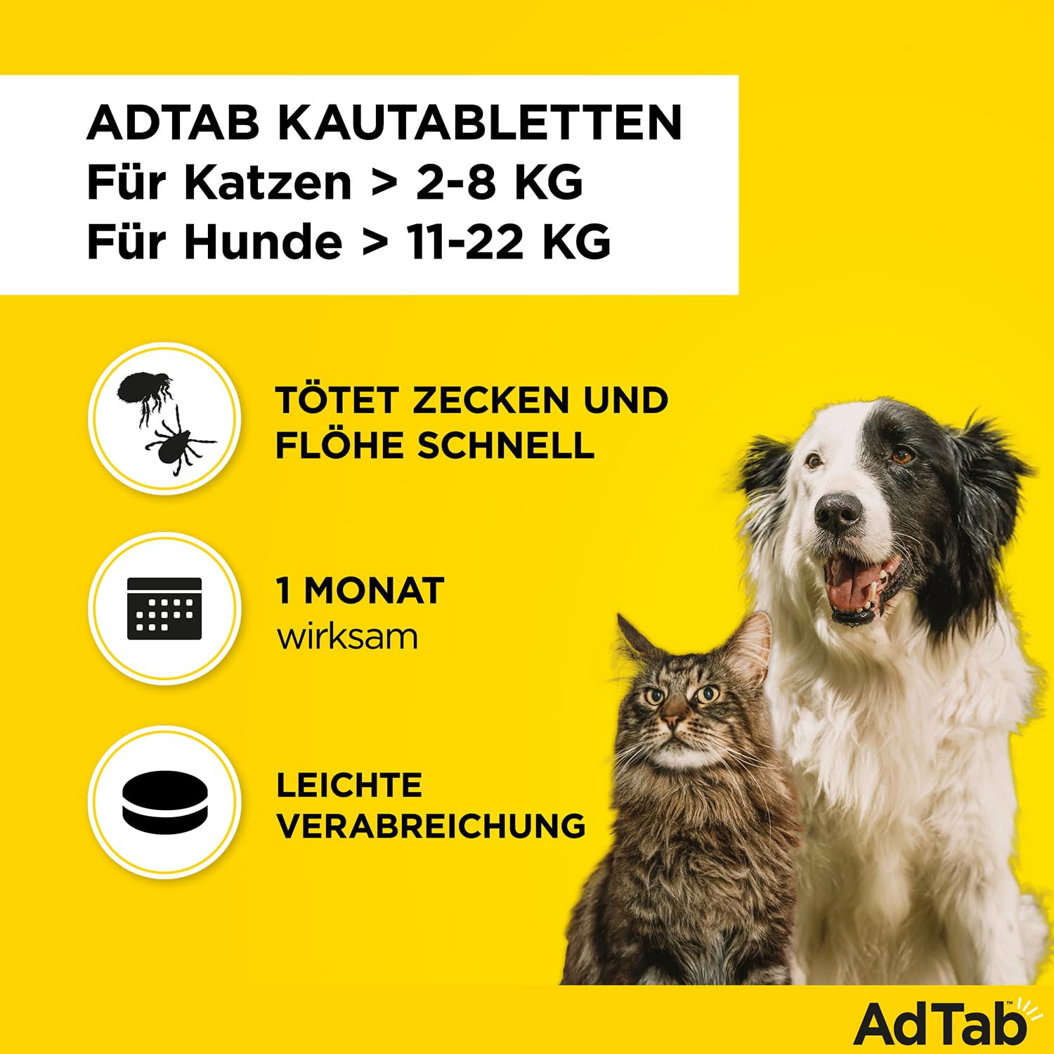 AdTab Kombi-Set: Zecken- & Flohschutz für eine Katze mit >2-8 kg und einen Hund mit >11-22, 2 Packungen mit je 3 Kautabletten, einfach zu verabreichen & schmackhaft