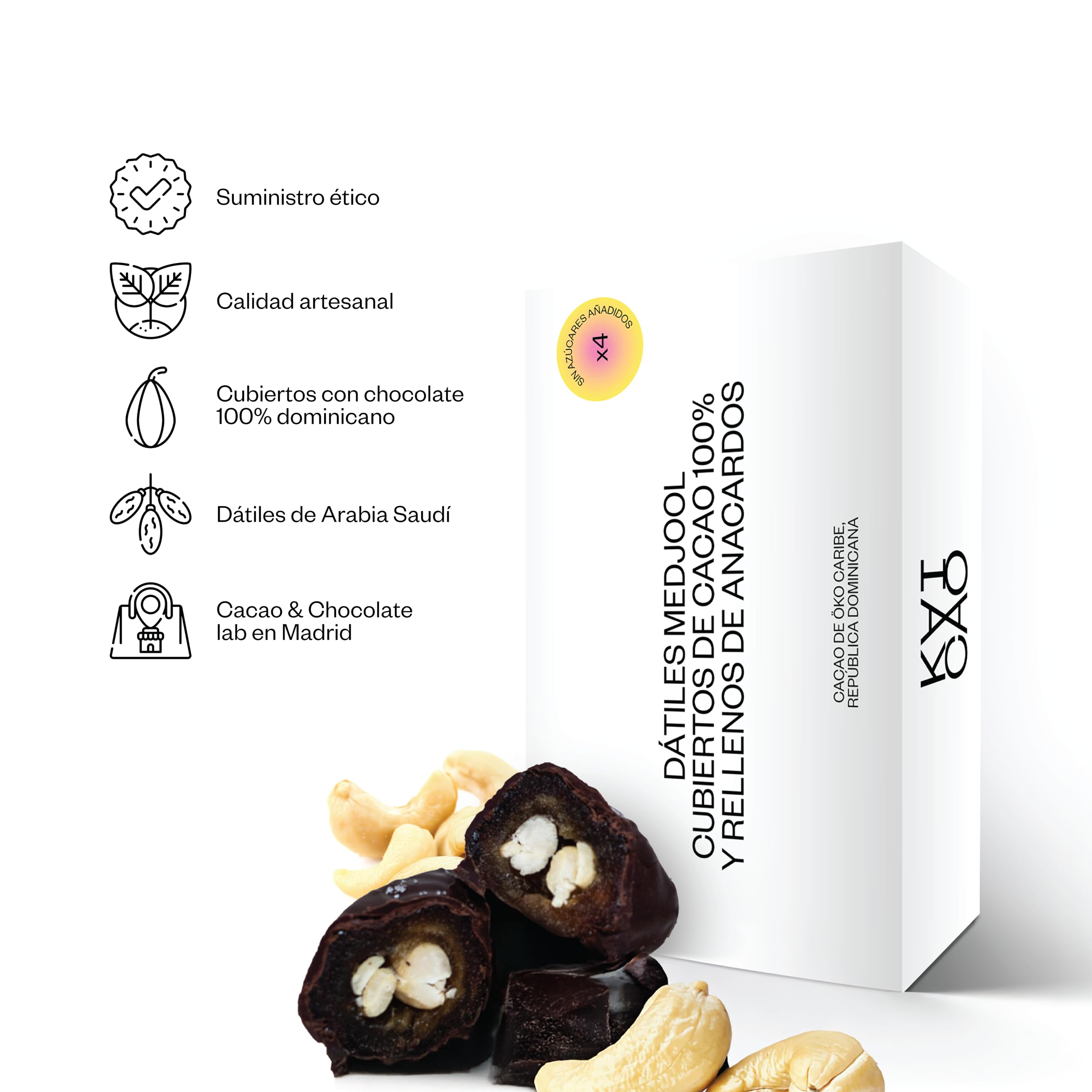 Kaicao Dátiles Medjool - Rellenos de Anarcado Tostado, Cubiertos de Chocolate Negro 100% Cacao Origen Oko, República Dominicana - Sin Azúcar Añadida - Snack Saludable - Dátil - Pack de 4 dátiles