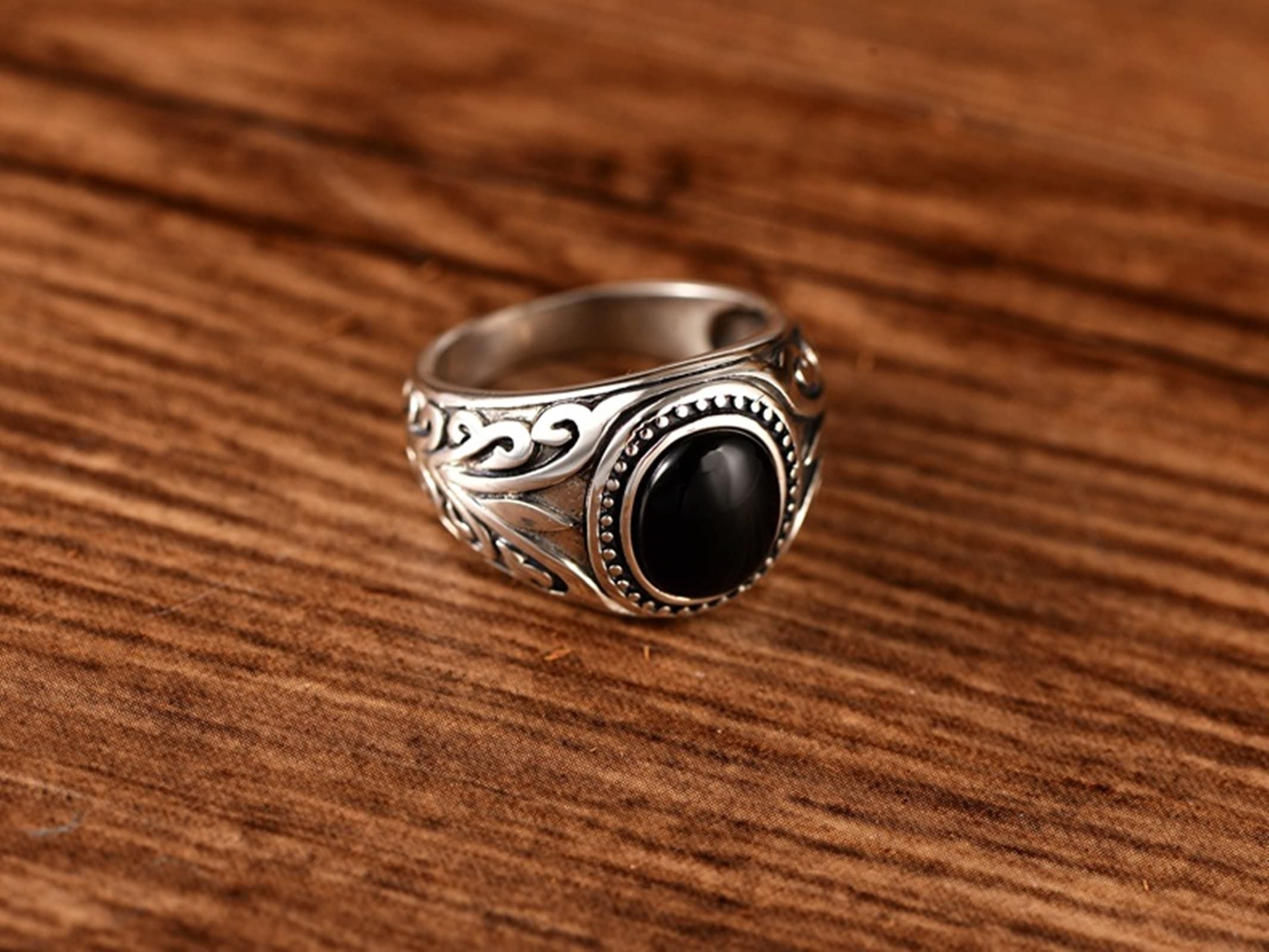 AMDXD Sterling 925 Silber Ringe, Antique Muster Ringe Silber Jungs für Herren, Biker Hip Hop Ring mit Achat Schwarz Oval Form, Silber, Echtschmuck