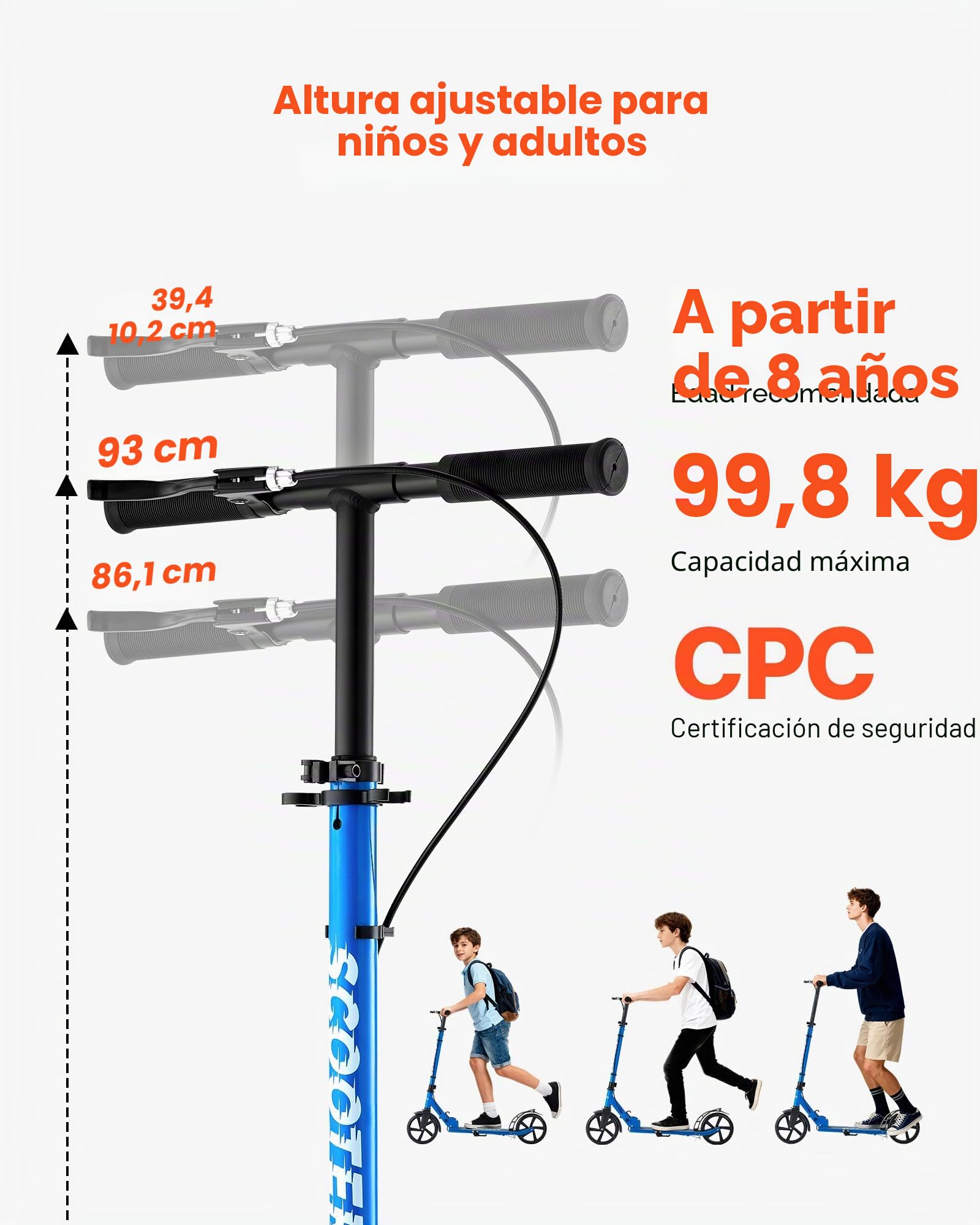 VEVOR Patinete a Niños a Partir de 8 Años, 2 Ruedas, con Manillar Regulable en Altura y Base Antideslizante, Freno Mano, Marco de Aleación Aluminio, hasta 100 kg, Negro Azul, 900 x 380 x 1000 mm
