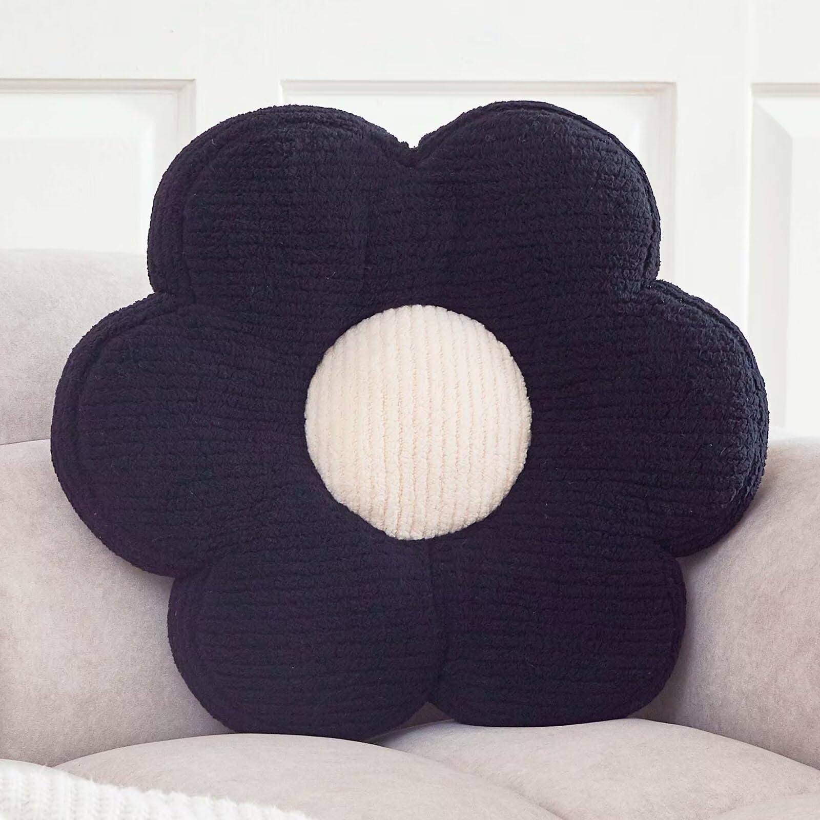 Kcvvcr Flower Pillow, Cute Daisy Decorative Pillow for Bed, Soft Home Decor Floor Seating Cushion (Black, 14.9 Inches)