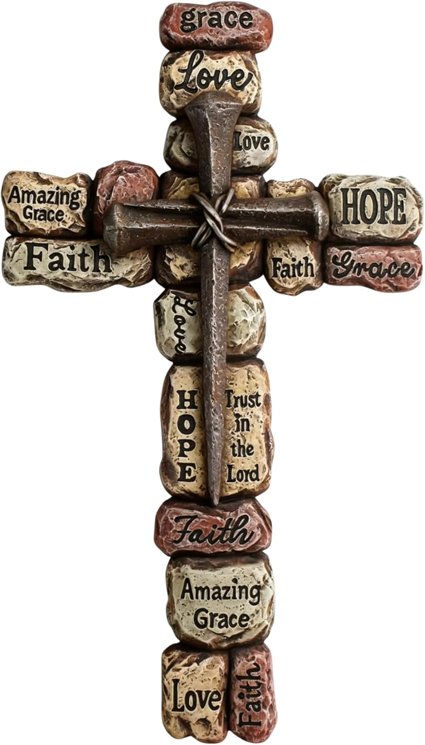 Comfy Hour 12" Wall Cross for Home Decor, Decorative Stacked Stone Religious Plaque with Inspirational Words, Artisan Crafted Nail Design Cross Wall Art, Faith Hope Love Grace Sculpture, 1 Unit
