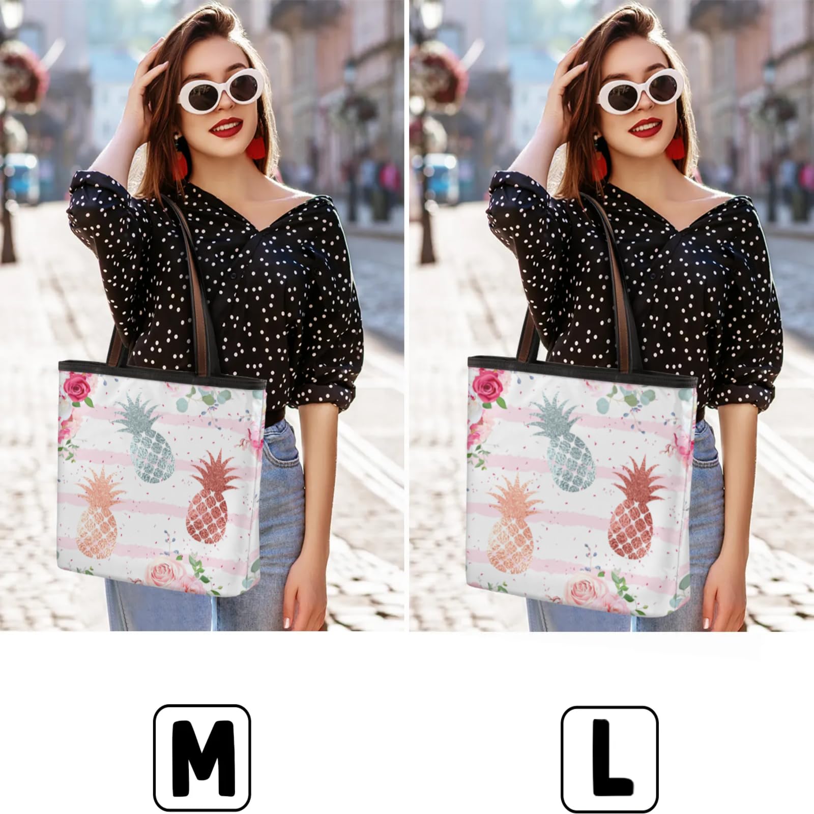 Watercolor Striped Pineapple Roses Tote Bag Multi Pocket Zippered Beach Bag Lightweight Waterproof Handbag for Women Men Work Gym Travel Swimming Yoga Grocery Shopping M