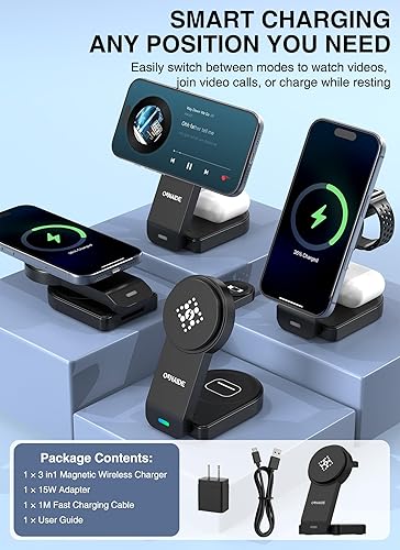 Miniatura 8 de Cargador inalámbrico magnético para Apple MagSafe, estación de carga inalámbrica 3 en 1 para Apple Watch y iPhone, soporte de cargador plegable