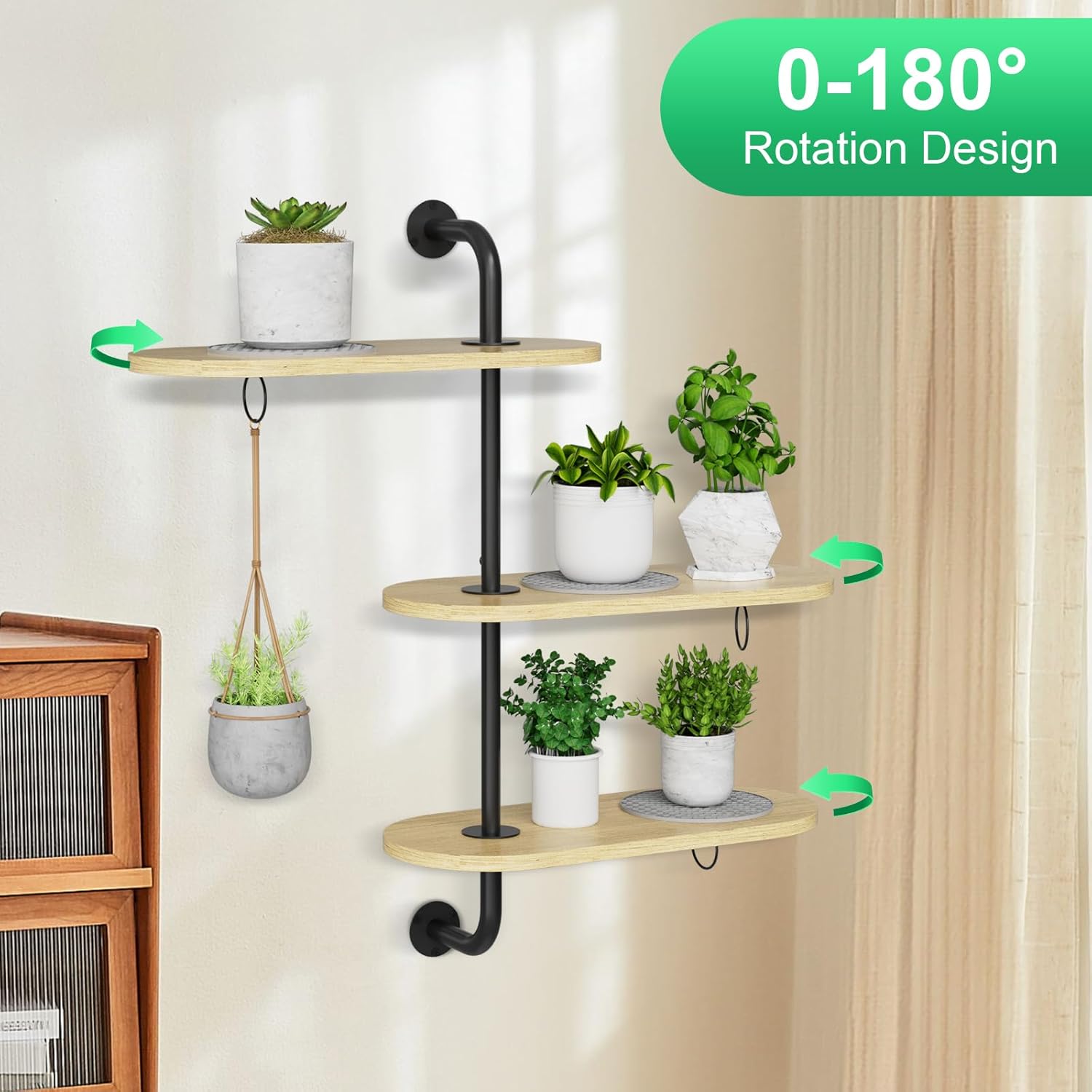 Rotating Window Plant Shelves with 3 Anti-slip Mats, 3 Tier Plant Stand Indoor Outdoor, Wooden Window Plant Shelf with 3 Circle Hook, Hanging Plant Holder for Window, Potted Plants, Flowerpots (Oak Color, 3 Tier)