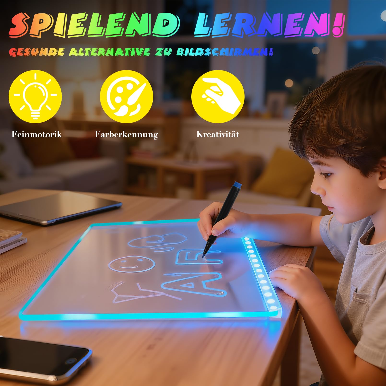 LED Kinder-Zeichenbrett 13 Farben 6 Modi 35x25cm Maltafel Memo Nachtlicht | Bunte LED-Optionen (fest, blinkend, fade) fördern Kreativität und bieten abwechslungsreichen Malspaß für Kinder