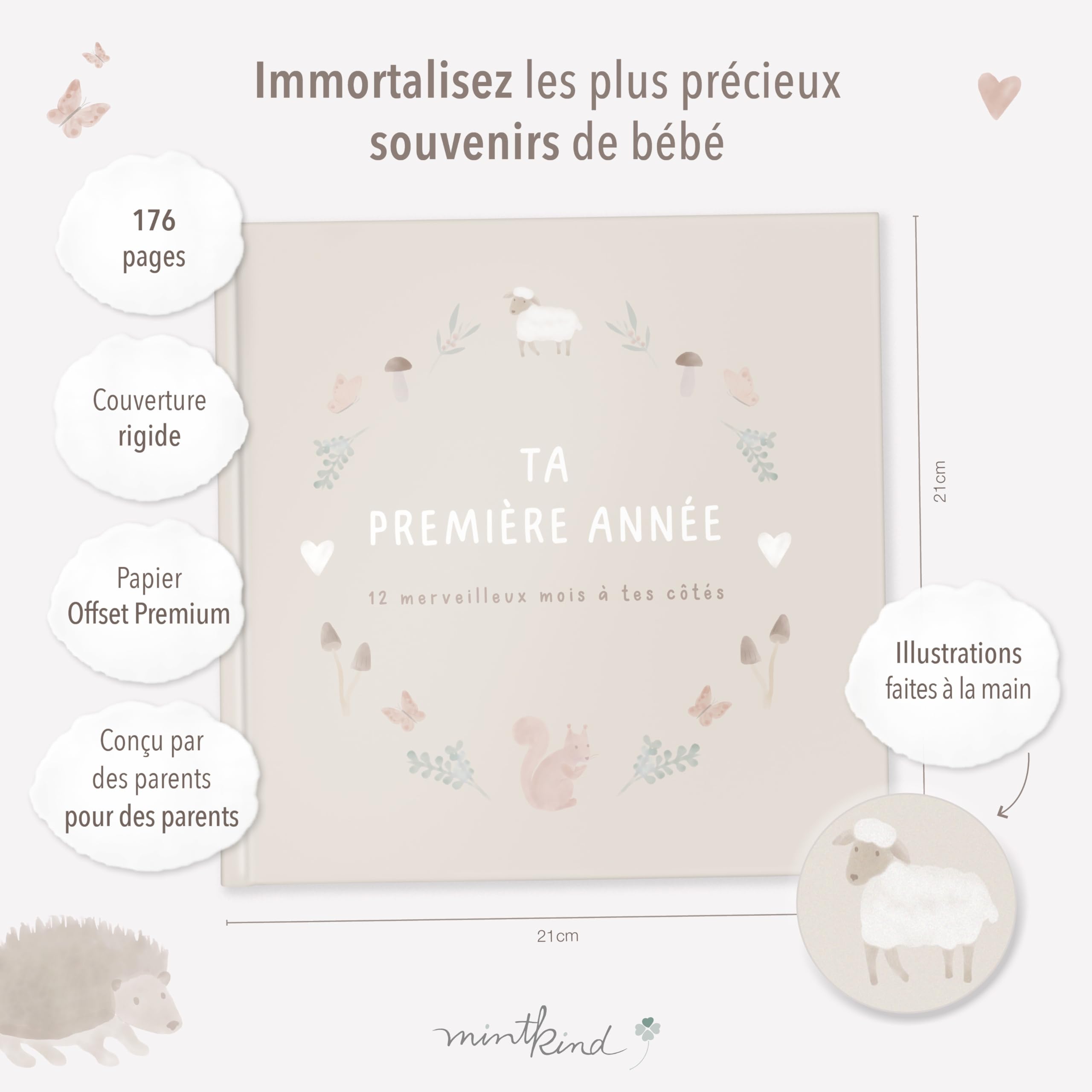 Livre naissance bébé mintkind® "Ma première année" forêt | Livre de naissance personnalisé | Cadeau nouveau-né pour fille et garçon | Journal de naissance à partir de 0 mois | Album de naissance
