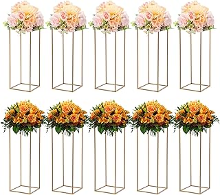 31.5inch 10pcs Metal Floor Vase Column Gold Wedding Centerpiece Flower Column Stand Gold Rectangular Flower Display Rack for Home Event Party Table Decorations