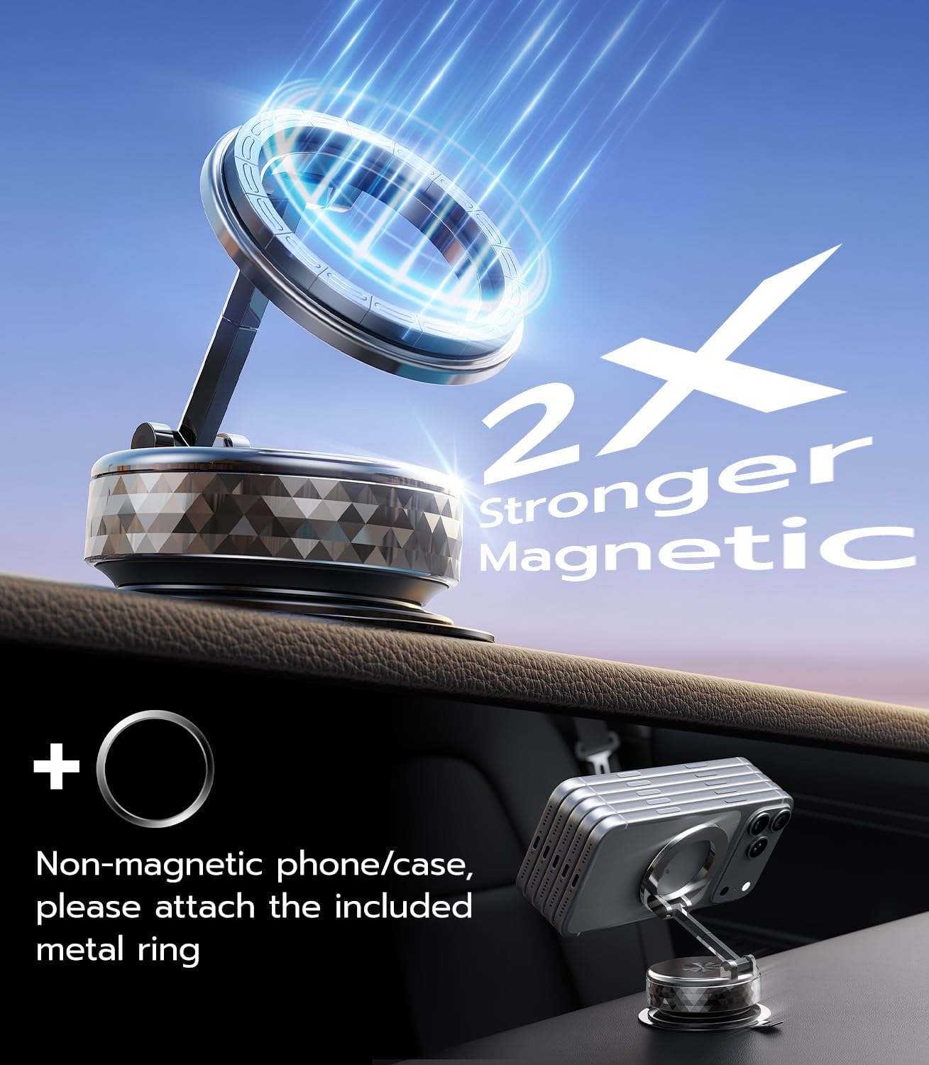 Meifigno Magnetic Car Phone Holder for Tesla Screen & Backplate,[All-Metal] 360° Rotation Vacuum Suction Cup Car Phone Mount for Magsafe, Foldable Car Phone Holders for Your Car for iPhone Android