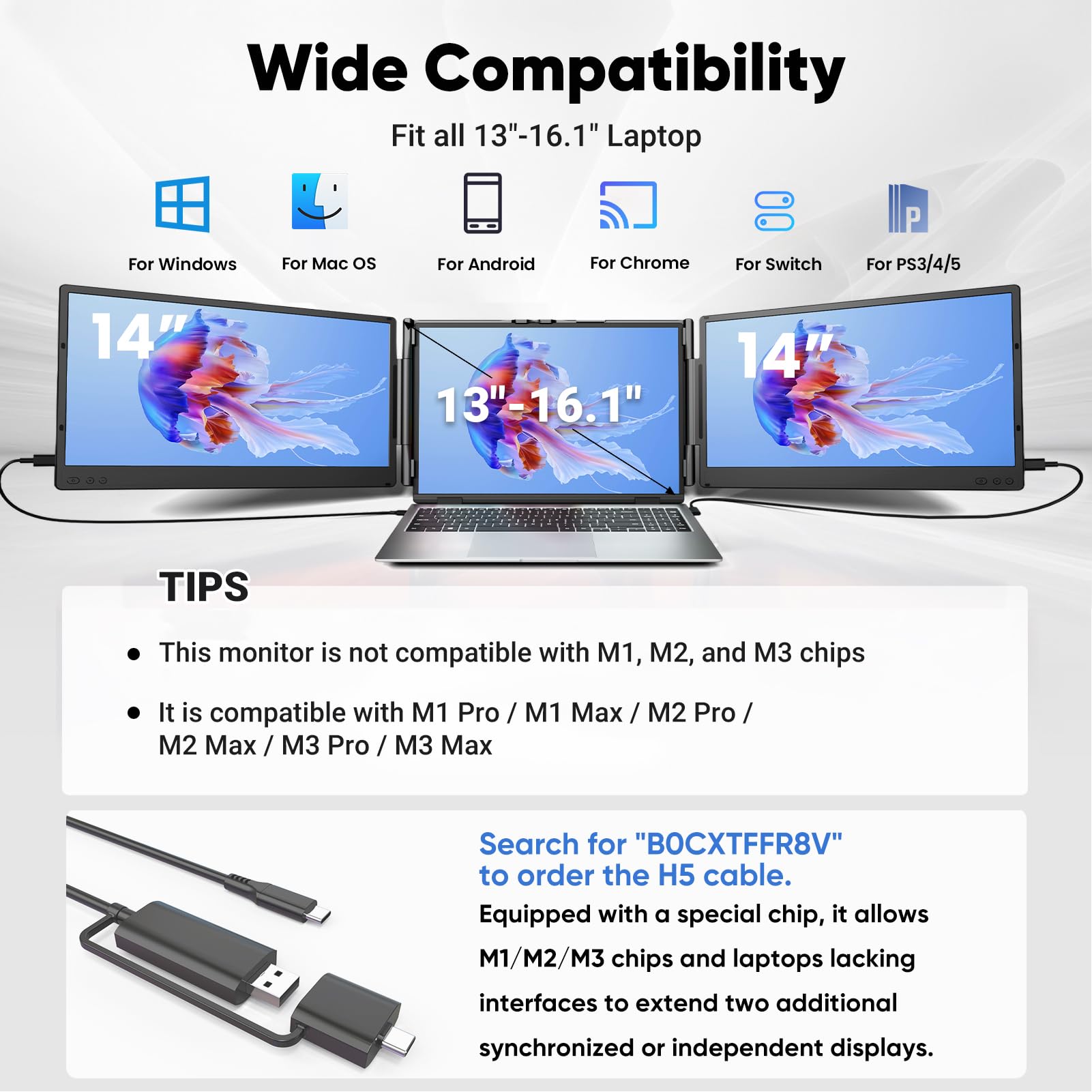 Cevaton Laptop Bildschirm Erweiterung, 14 ”FHD 1080p IPS Tragbarer Monitor für 13-16,1", Stecker und Spielen Sie Laptop-Monitor, Laptop-Bildschirmverlängerung kompatibel mit MAC, Siegen, Dex, Chrome