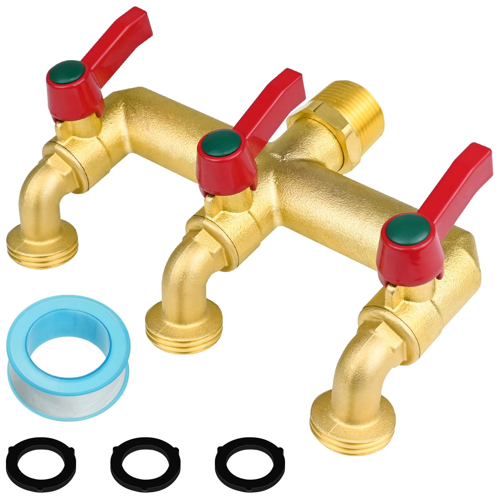 Outdoor Faucet, Heavy Duty Brass 3-Way Faucet, Solid Brass Garden Faucet, NPT 3/4" Male Inlet and GHT 3/4" Male 3-Way Outlet
