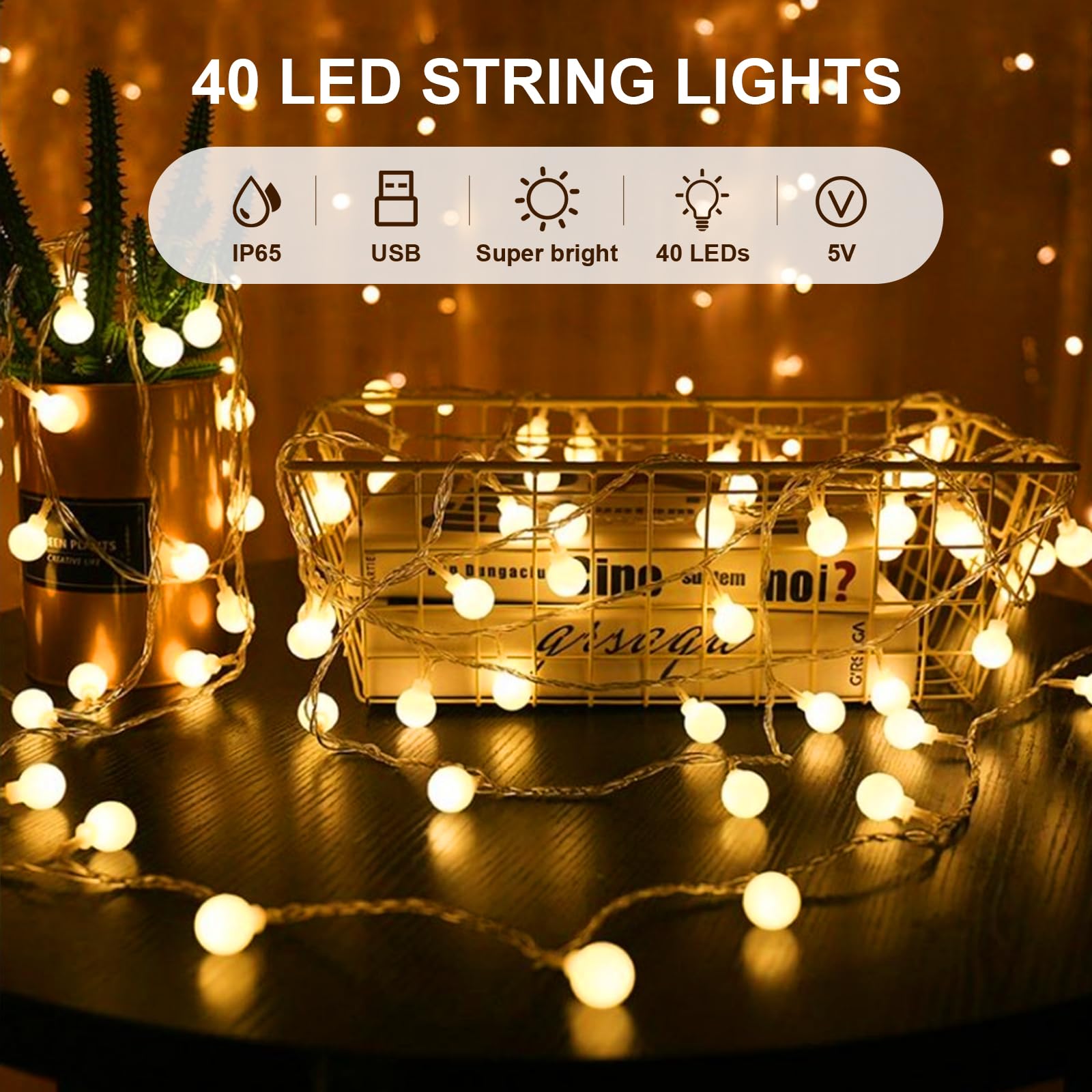 Bigzom USB Indoor Fairy Lights, 7m 40LED Spherical Fairy Lights, 5V Warm White Lights for Bedroom Balcony, Parties - Image 2