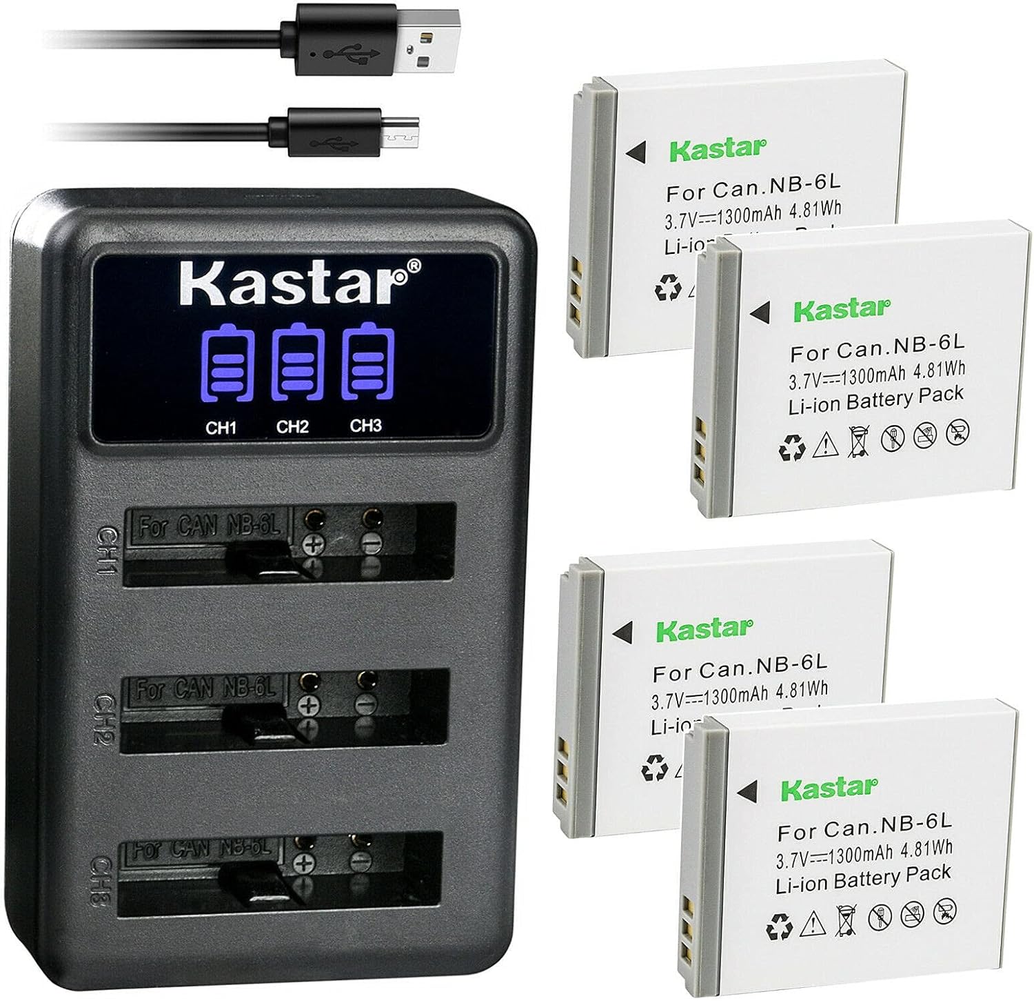 Kastar 3 Pack Battery and LCD Triple USB Charger Compatible with Canon NB-6L NB6L, NB-6LH NB6LH Battery, Canon CB-2LY Charger, Canon IXY Digital 25 is, Digital IXUS 200 is, Digital IXUS 210 Camera