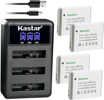 Kastar 4 Pack Battery and LCD Triple USB Charger Compatible with Canon NB-6L NB-6LH, Canon PowerShot SX520 HS, PowerShot SX530 HS, PowerShot SX540 HS, PowerShot SX600 HS, PowerShot SX610 HS Camera