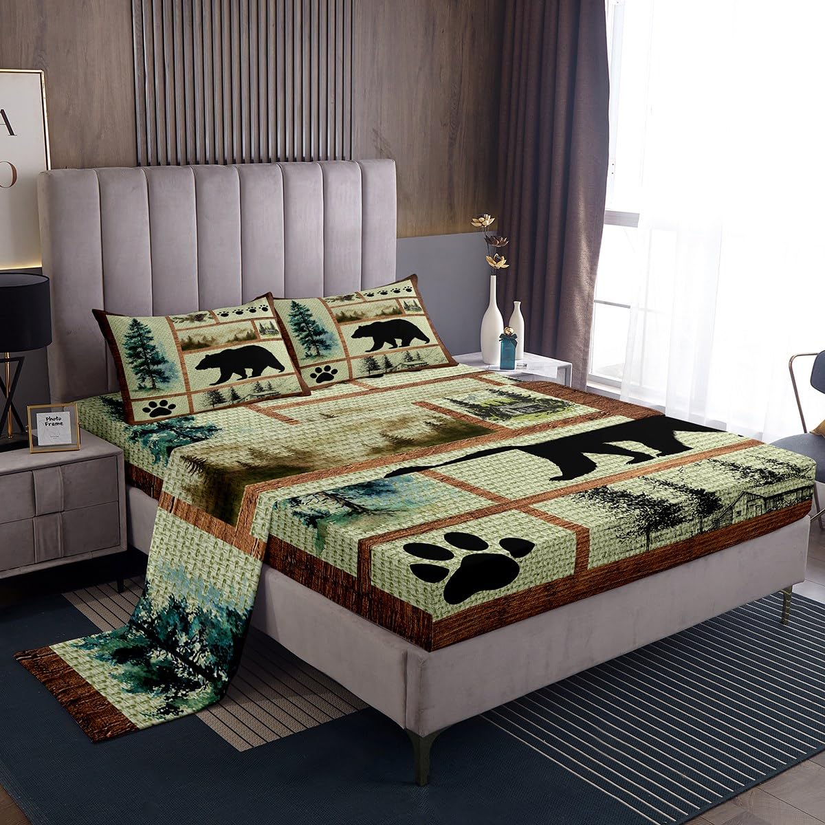 Wildlife Sheet Set for Girls Boys Kids Rustic Bear Moose Cabin Sheets with Deep Pocket Fitted Sheet Room Decorative Wild Deer Antlers Bed Sheets Set