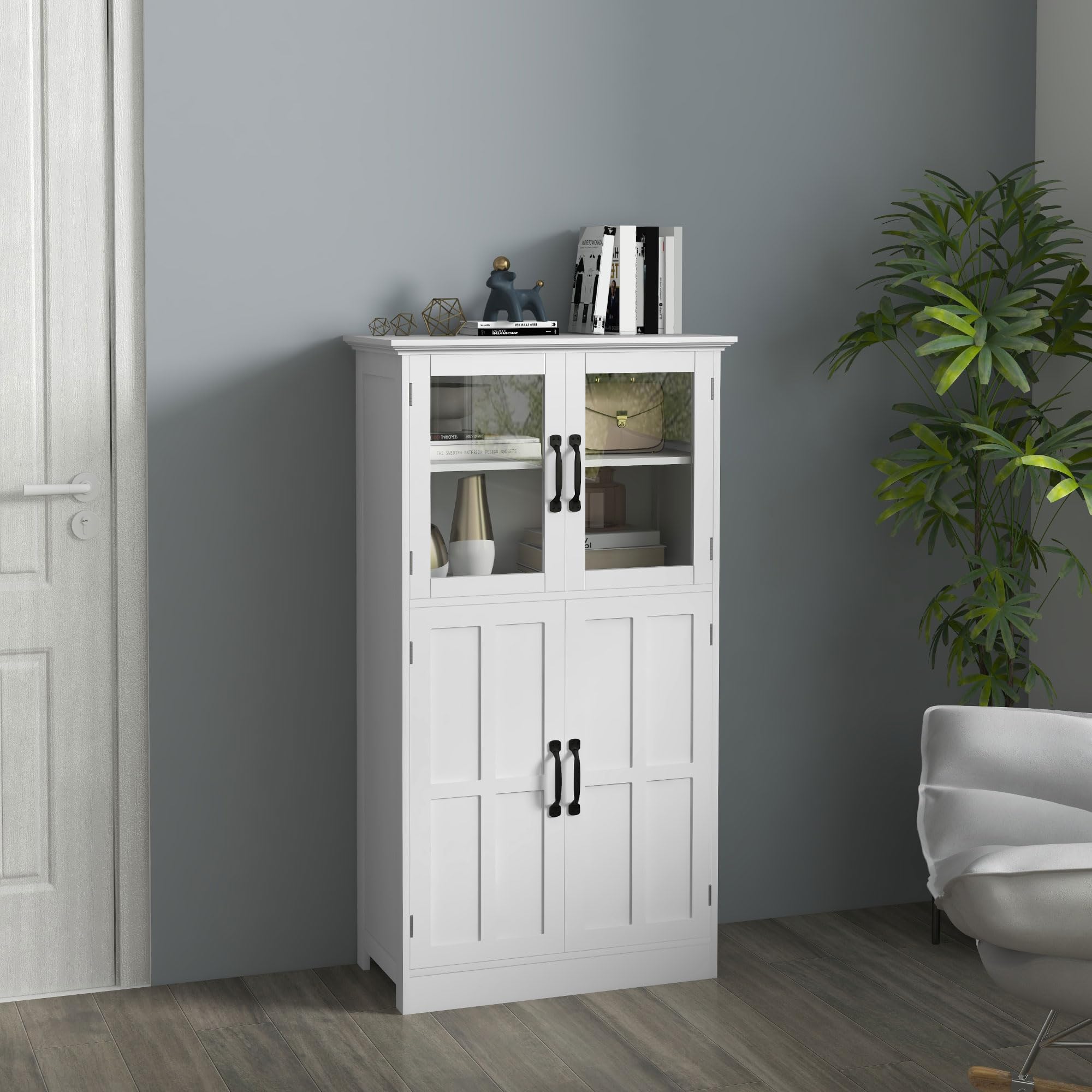 HOMCOM Buffet de Cuisine Armoire de Cuisine contemporaine Multi-rangements 2 placards, Portes en Verre, 4 étagères en Bois Blanc