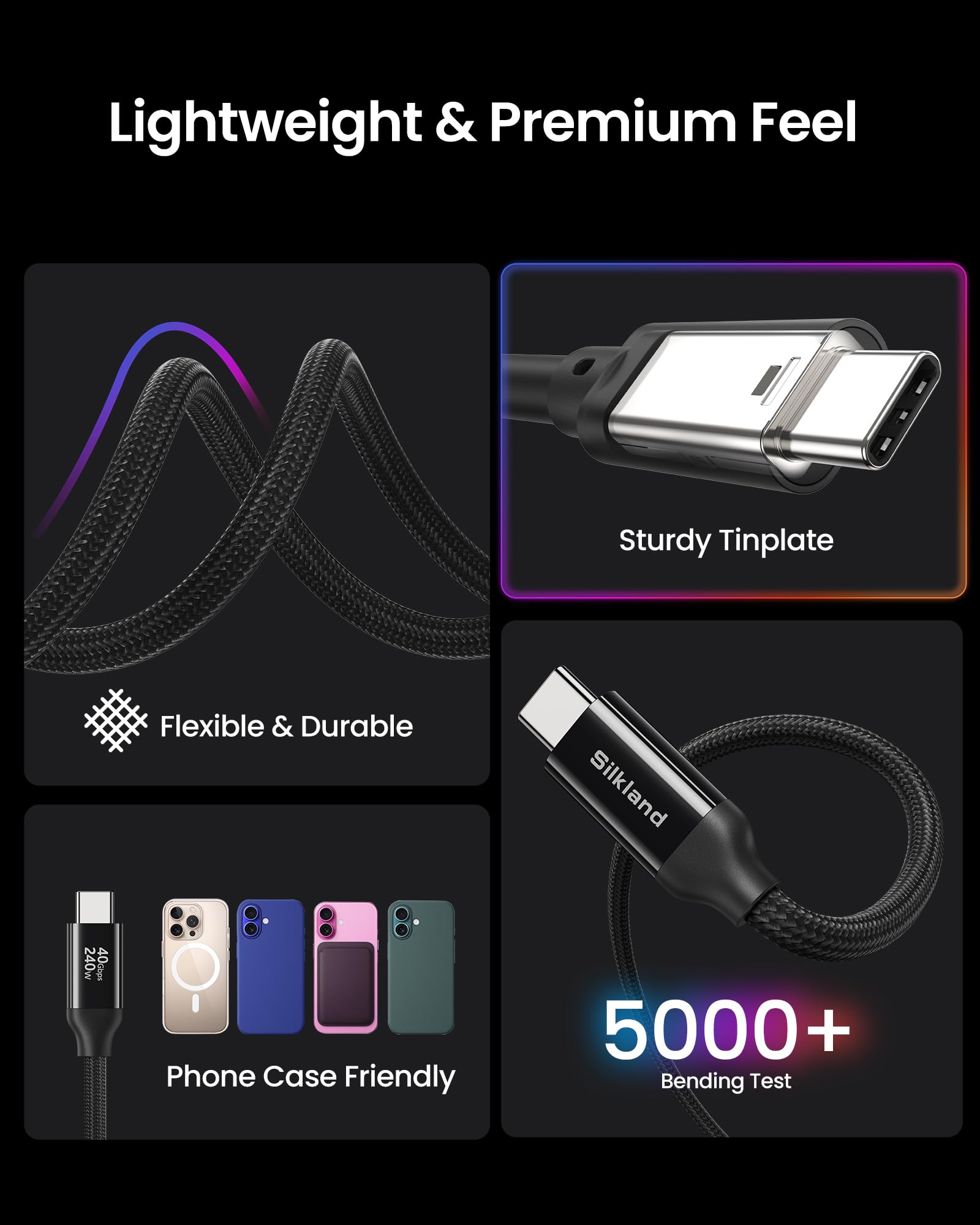 Silkland Kabel USB4 dla Thunderbolt 4 Czarny 2M, transfer danych 40Gbps, Kabel ładujący PD3.1 240W 48V/5A, 8K@60Hz, USB C do USB C do iPhone 17/16/15, MacBook Pro, iPad Pro, Dock, SSD, Monitor