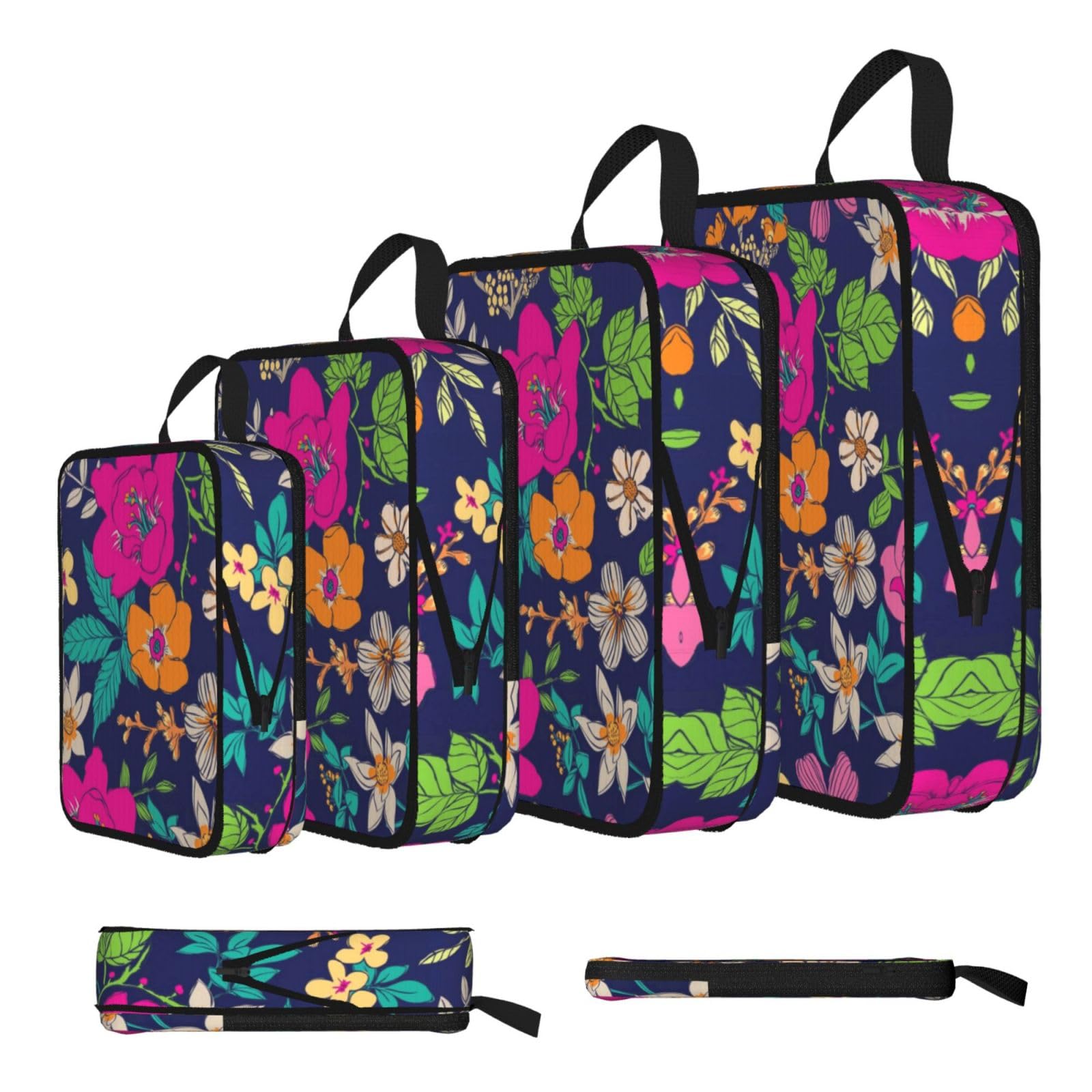 Esnaiuvcd Black Flowers Print 4 Set Compression Packing Cubes For Suitcases,Expandable Storage Bags Organizers